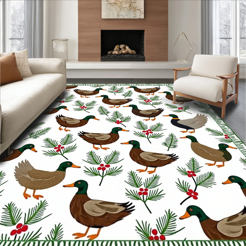 Charming Mallard Duck and Holly Sprig Rug