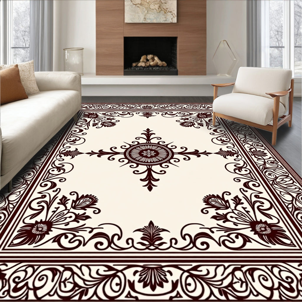 Ornate Crimson Floral Scroll Border Rug