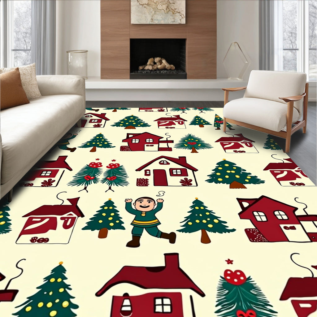Festive Red Christmas Village Scene Rug