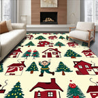 Festive Red Christmas Village Scene Rug