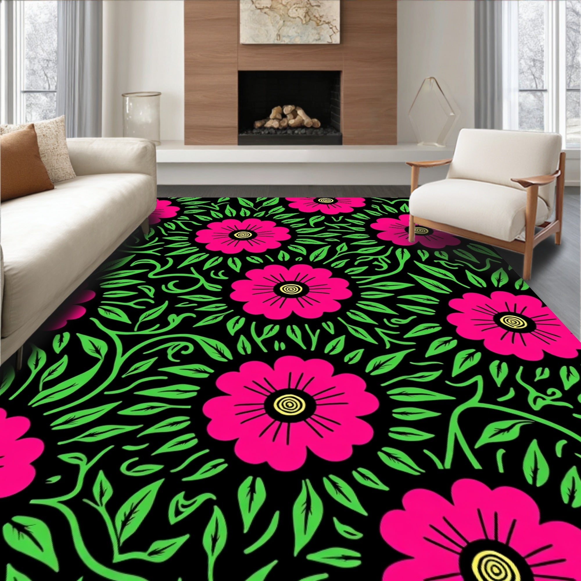 Vibrant Magenta Floral Foliage Rug
