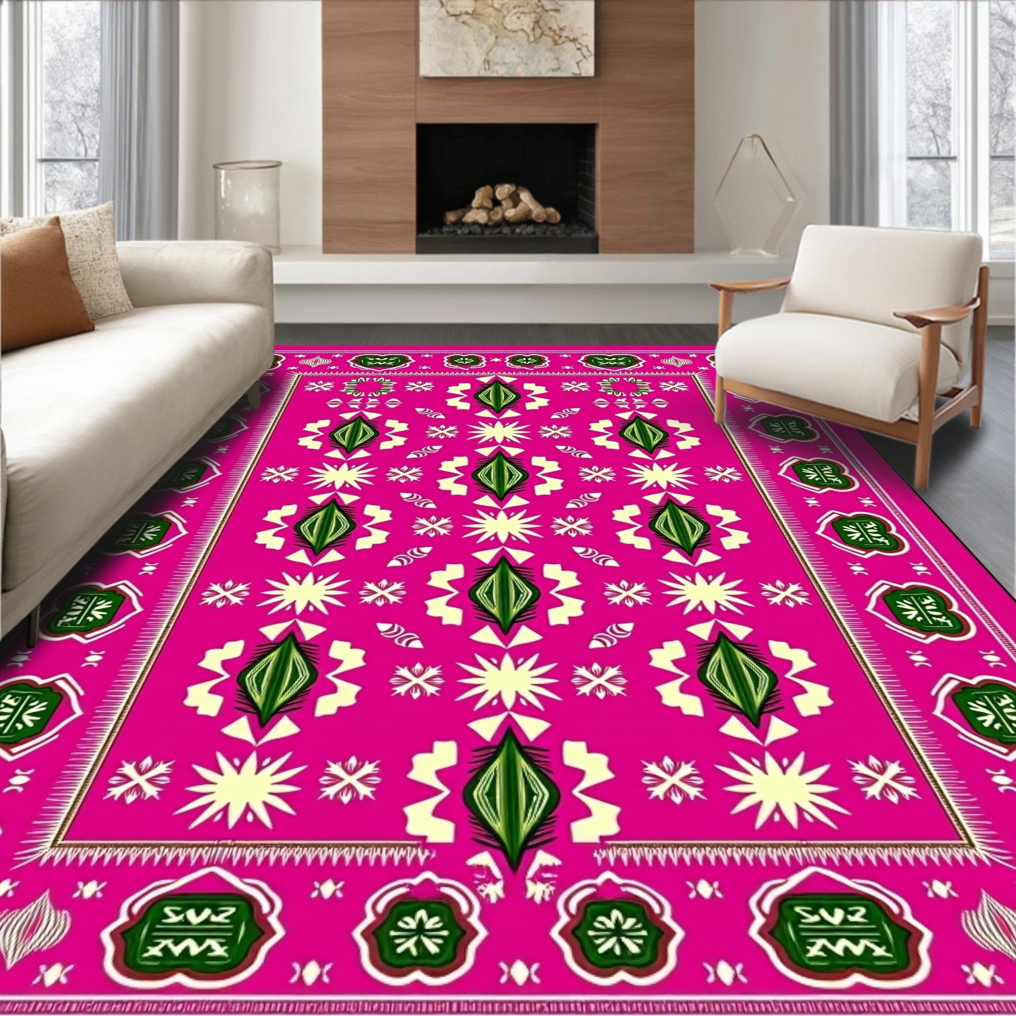 Vibrant Pink Green Diamond Starburst Rug