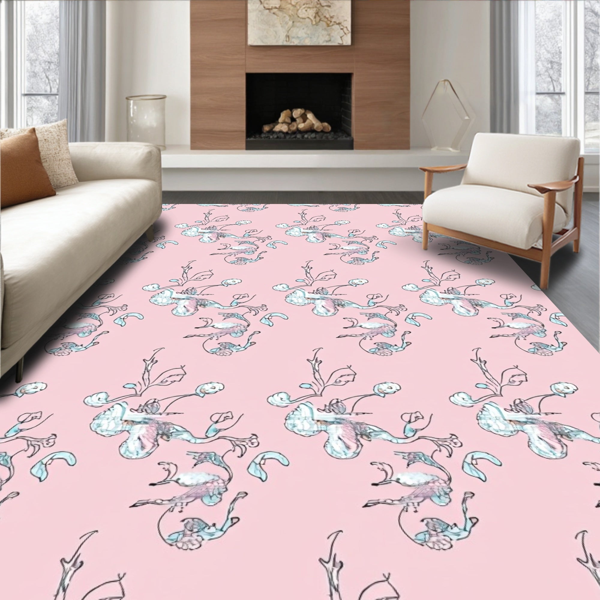 Pastel Pink Whimsical Bird Floral Rug