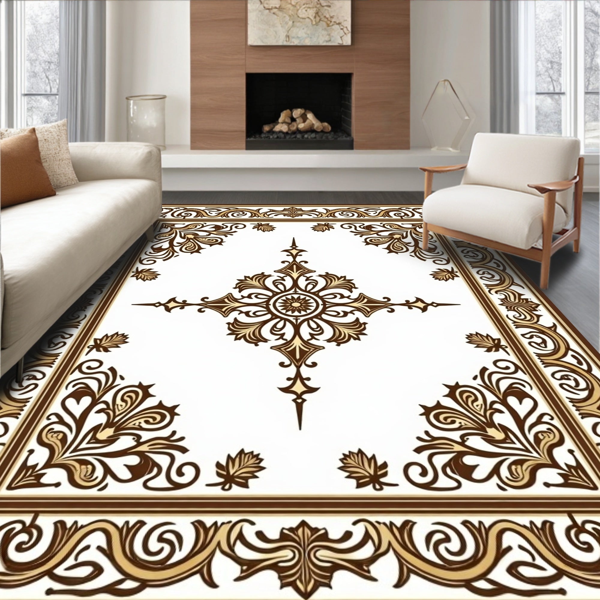 Ornate Brown Floral Square Medallion Rug