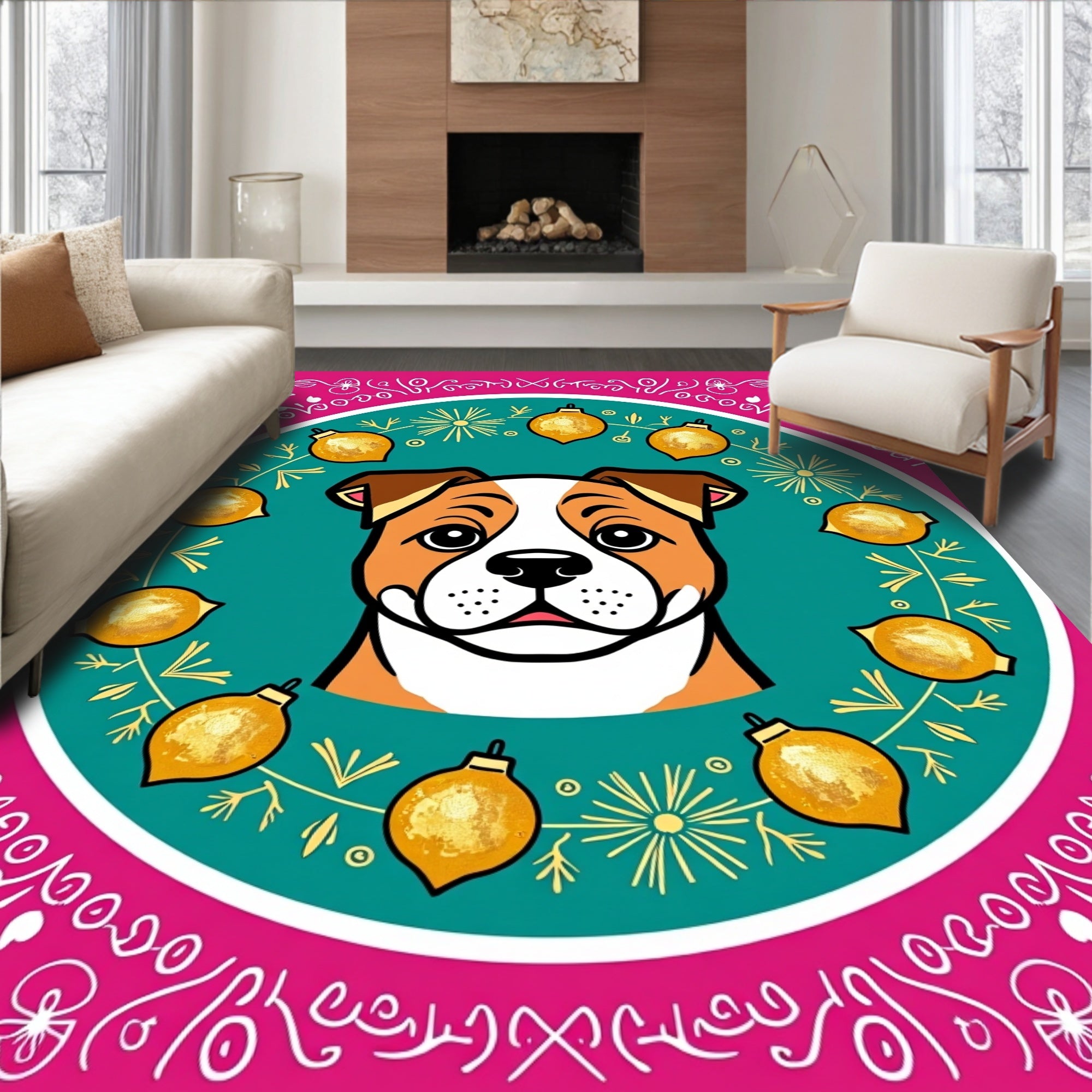 Charming Dog Teal Floral Ornament Circle Rug