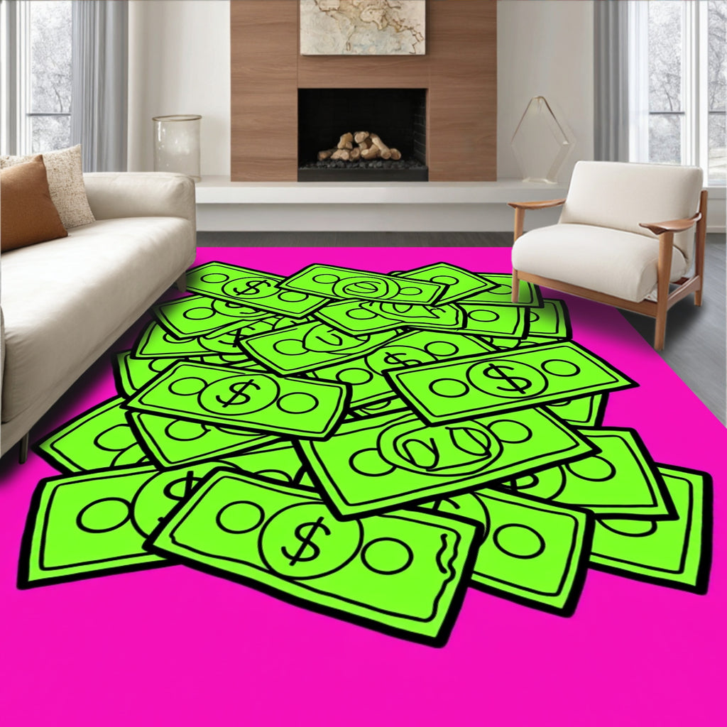 Neon Green Dollar Bills Pile Rug