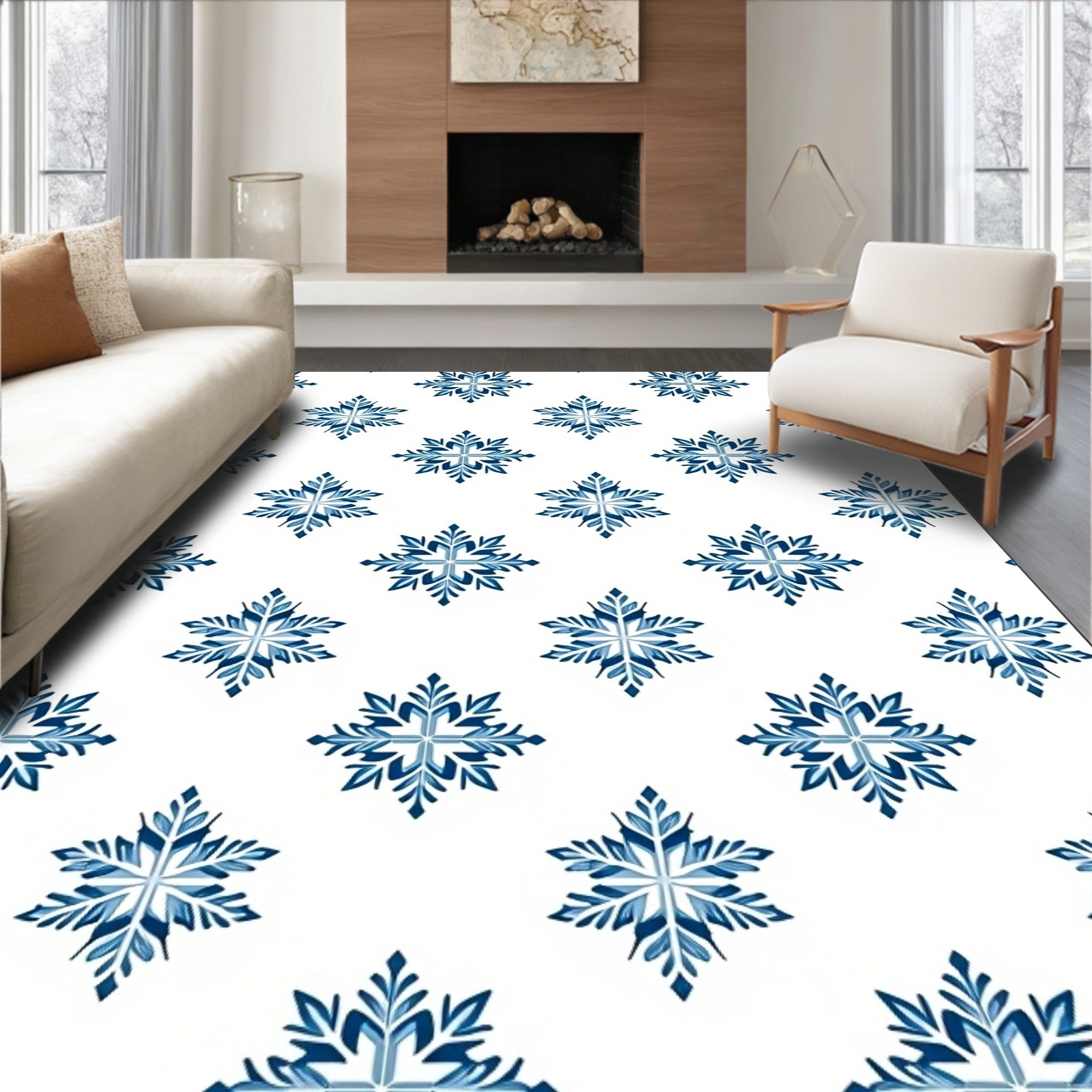 Deep Blue Snowflake Geometric Rug