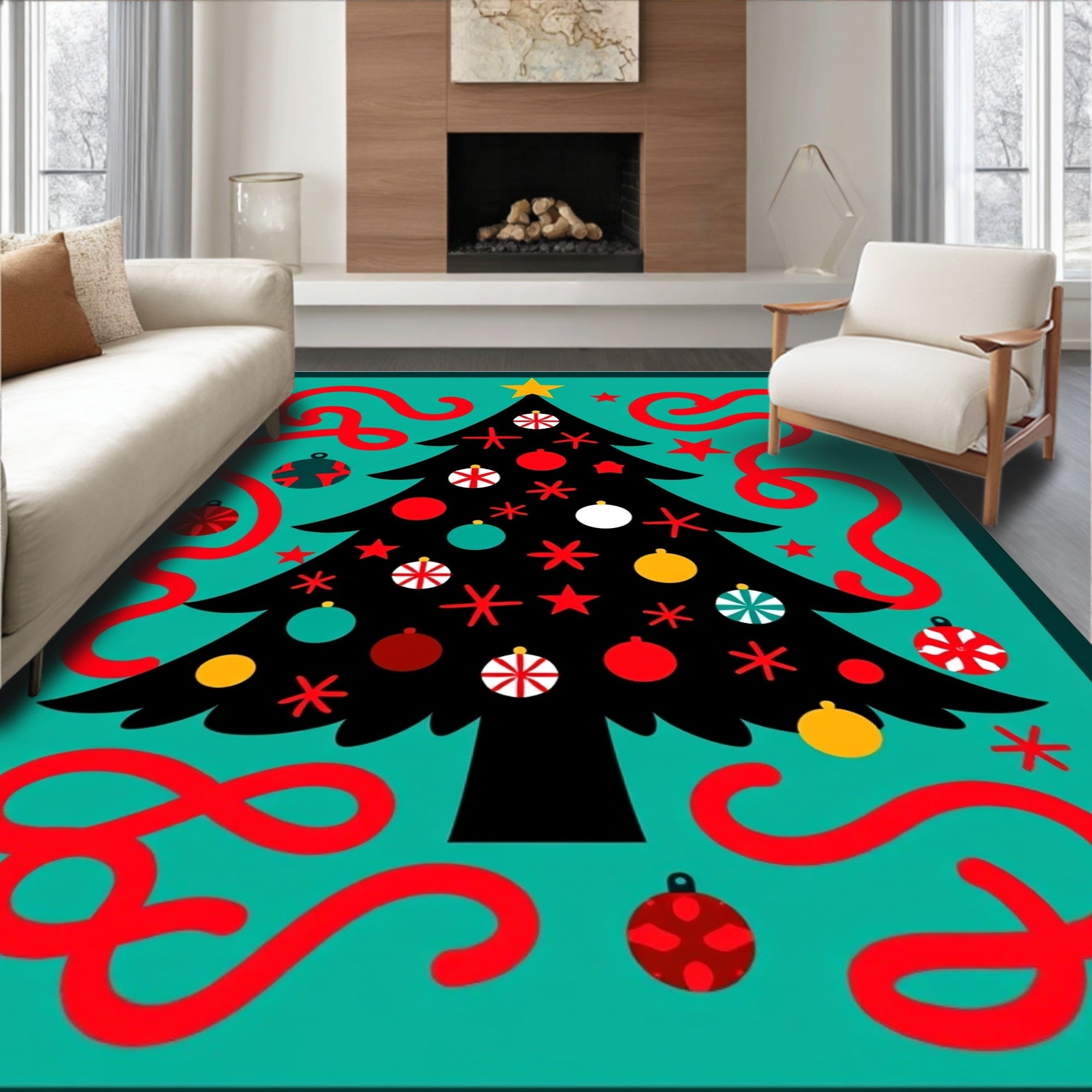 Retro Christmas Tree Red Ribbon Festive Rug