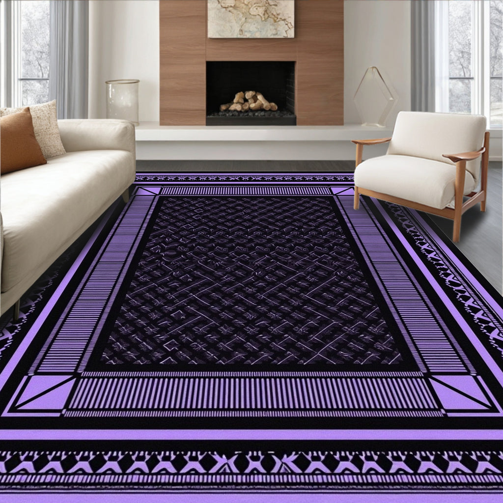 Purple and Black Geometric Border Rug