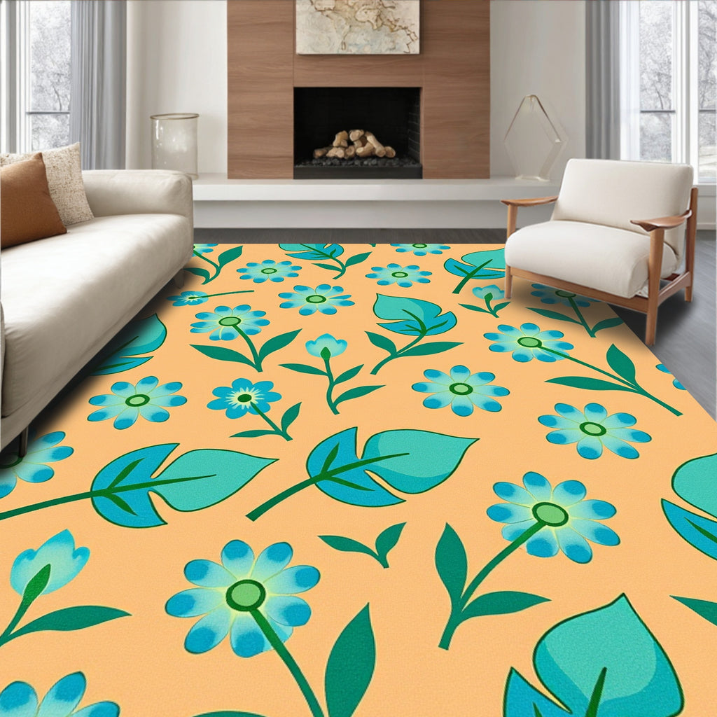 Teal Flowers On Peach Background Rug