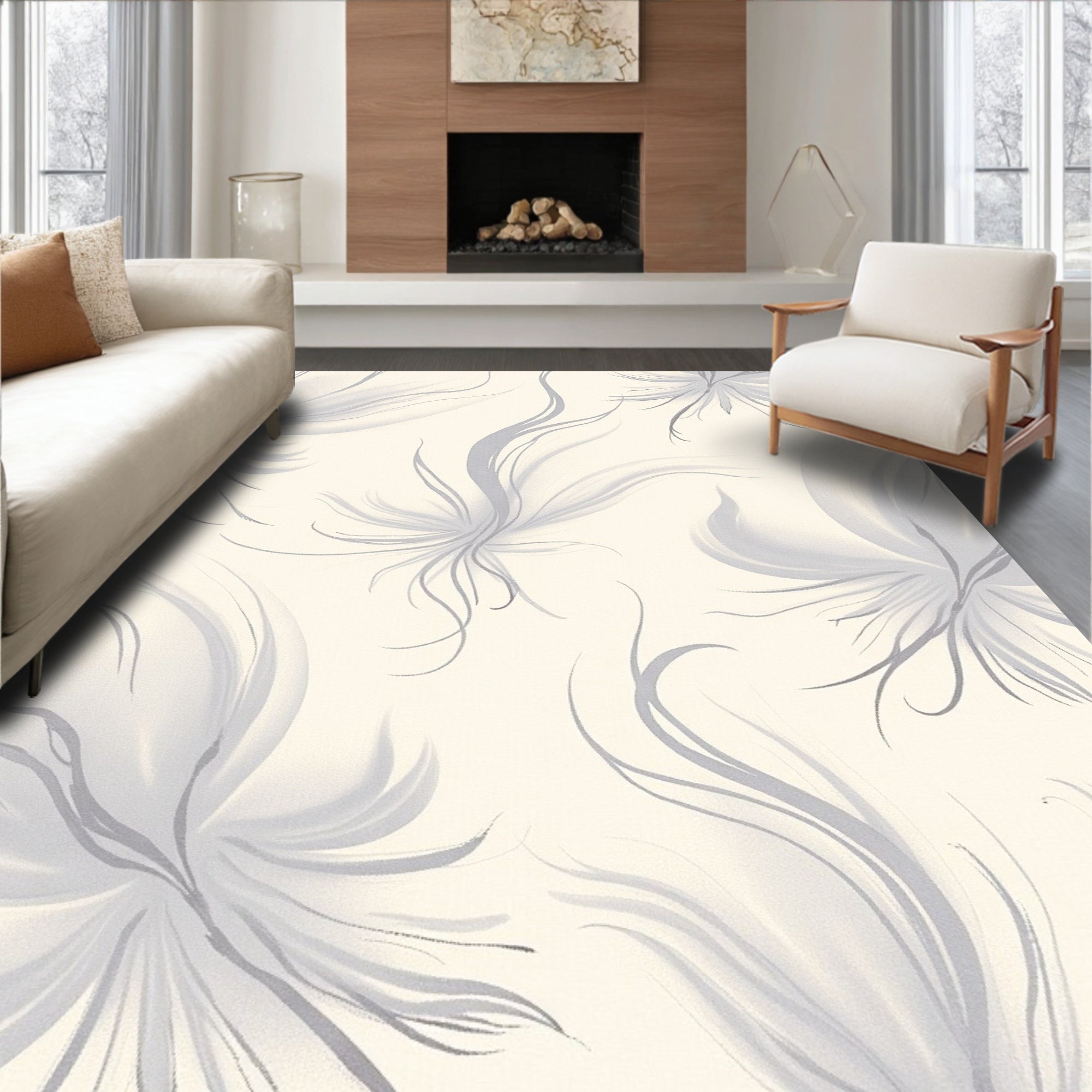 Ethereal Gray Feather Swirl Rug