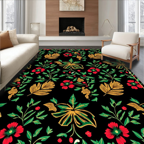 Black Floral Vine Red Flower Garden Rug