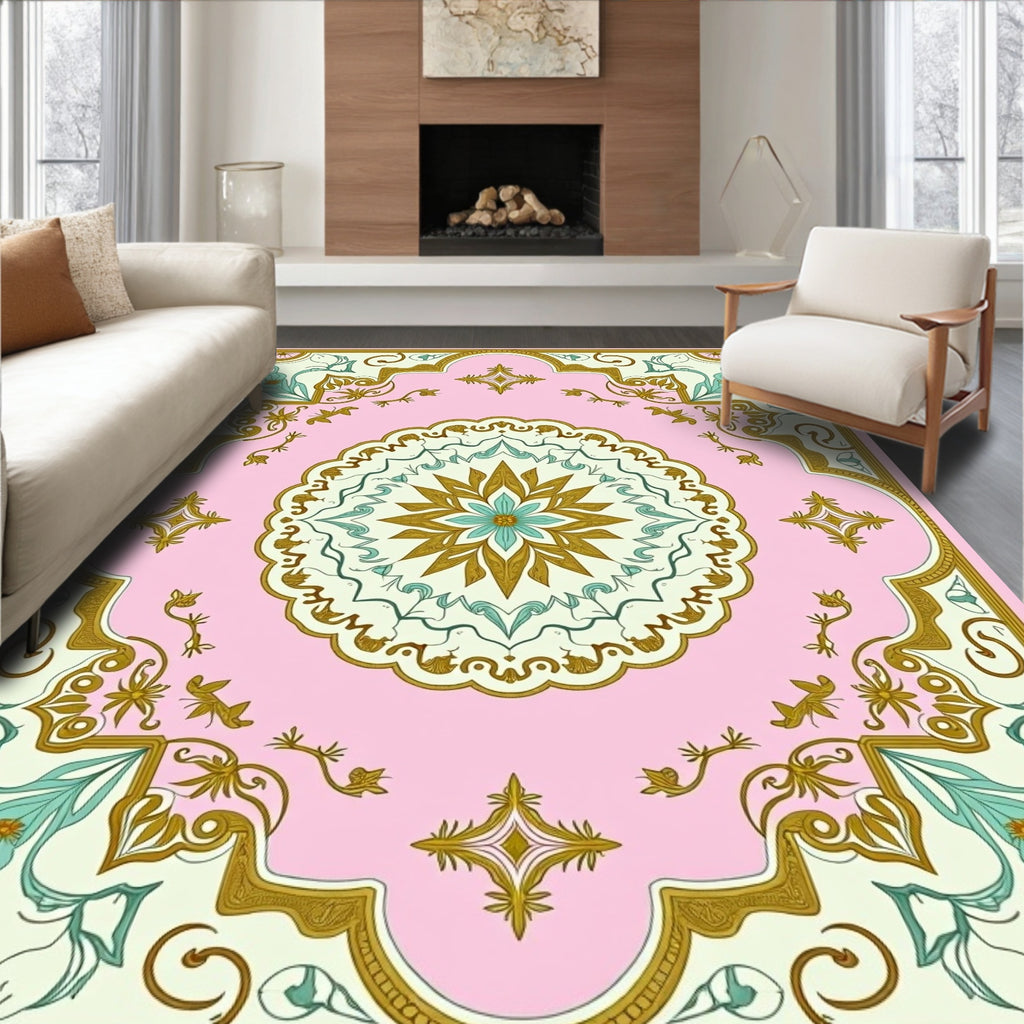 Pink Geometric Floral Medallion Rug