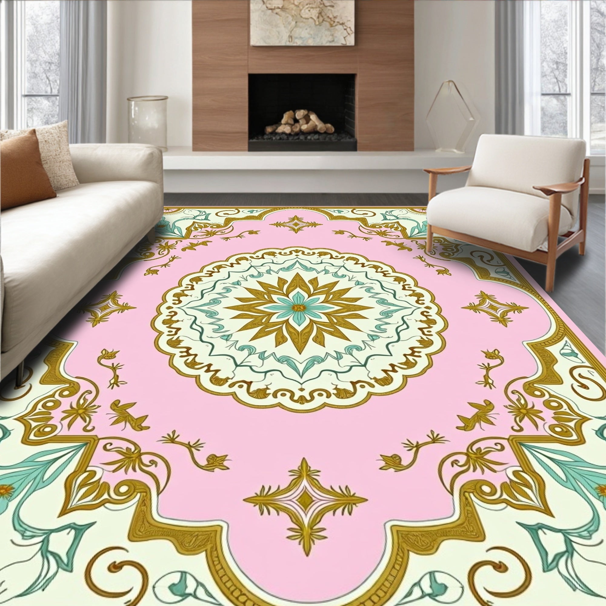 Pink Geometric Floral Medallion Rug