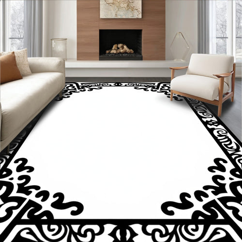 Black Elaborate Scrollwork Corner Border Rug