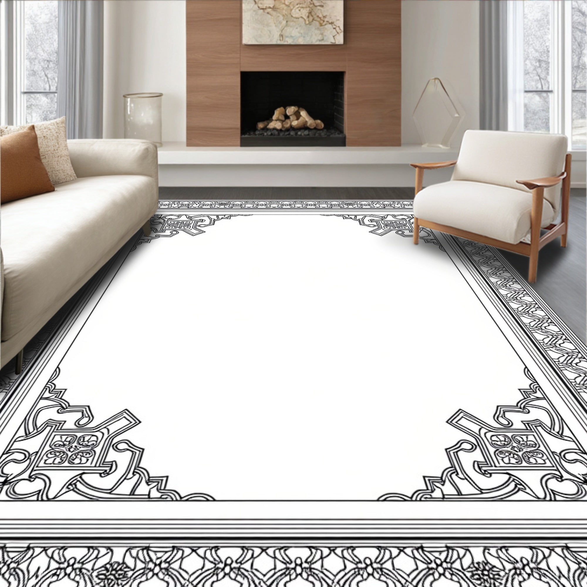 Intricate Black Scrollwork Floral Frame Rug