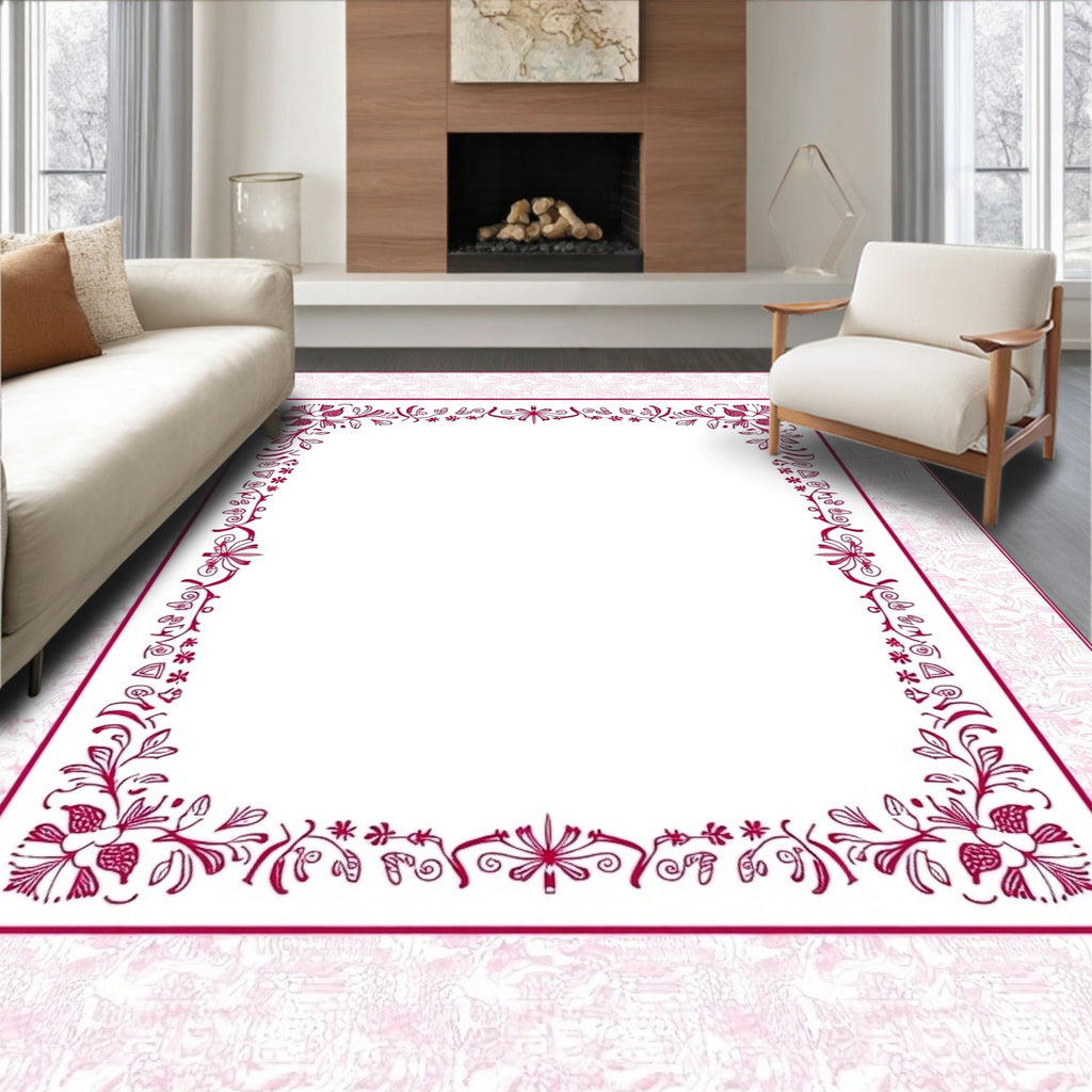 Bright Pink Floral Vine Frame Rug