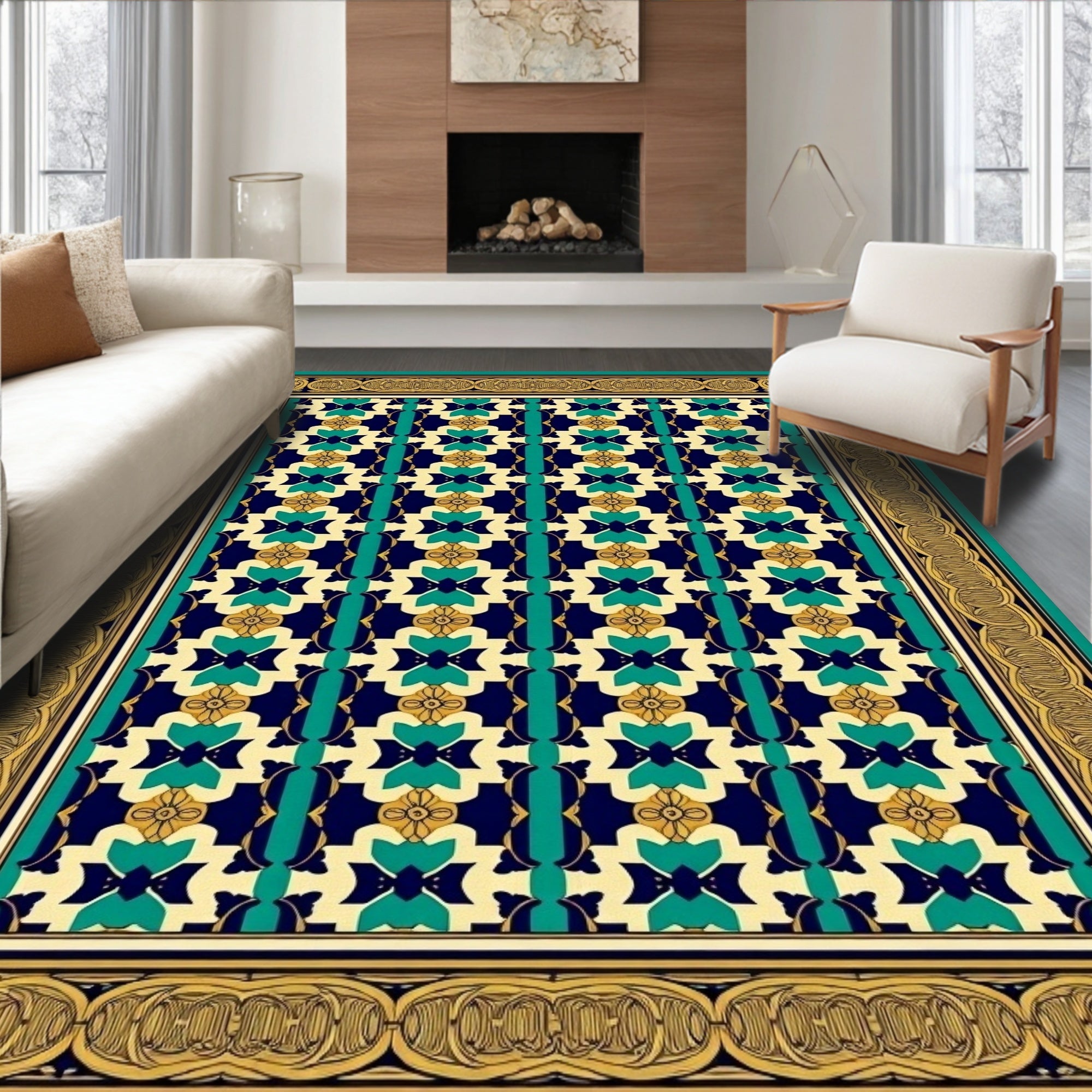 Navajo Inspired Teal Geometric Border Rug