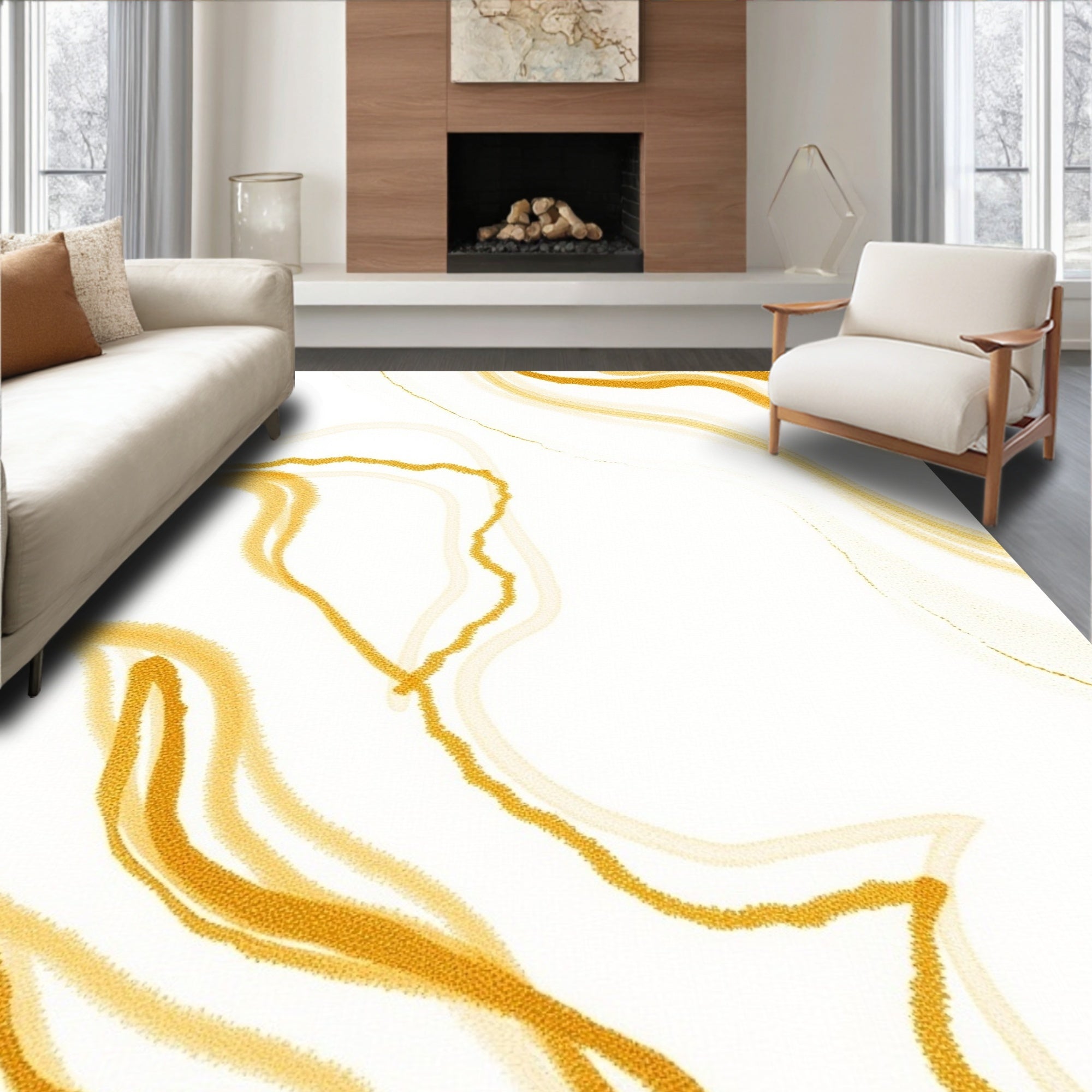 Golden Flowing Abstract Lines Rug