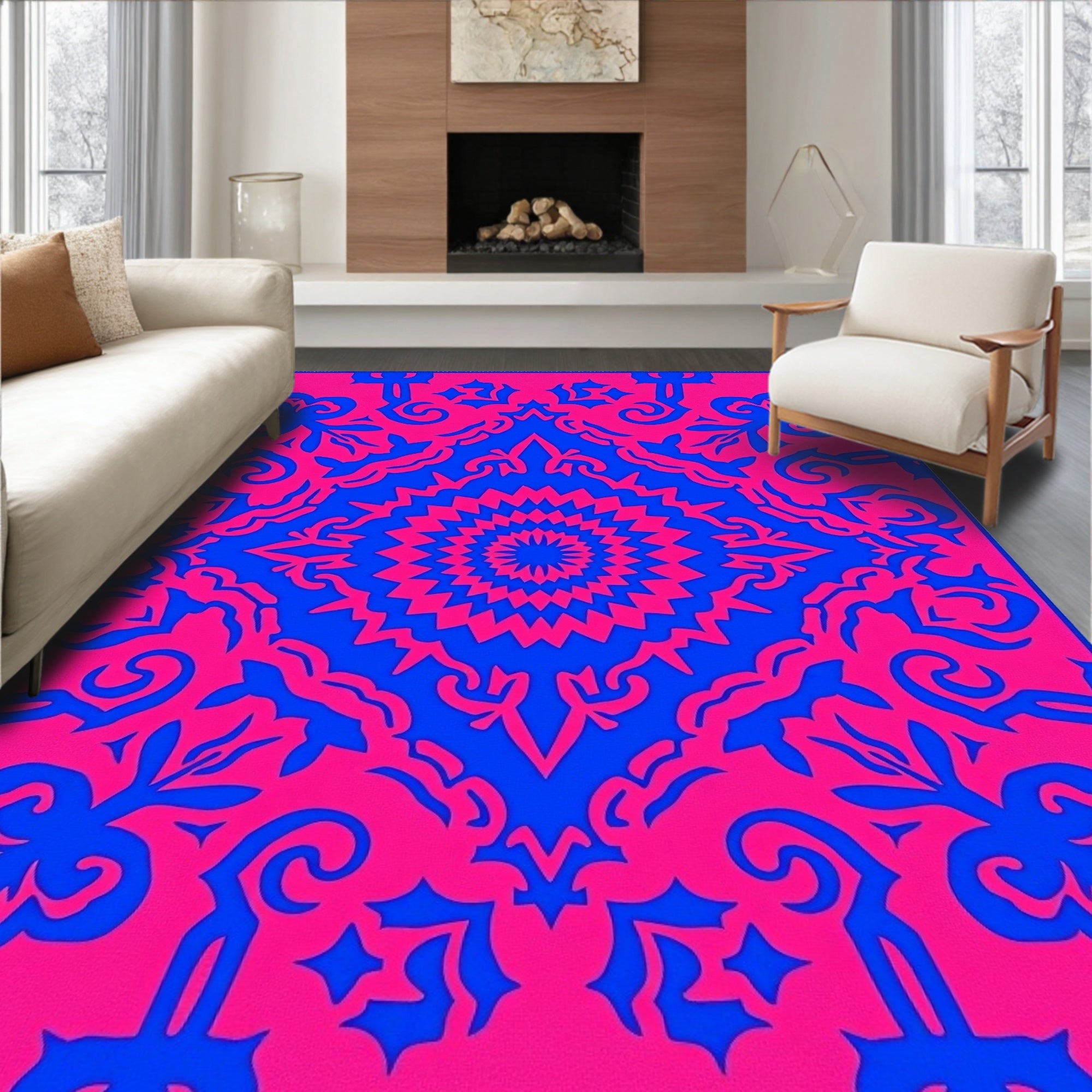 Vibrant Pink Blue Mandala medallion Rug