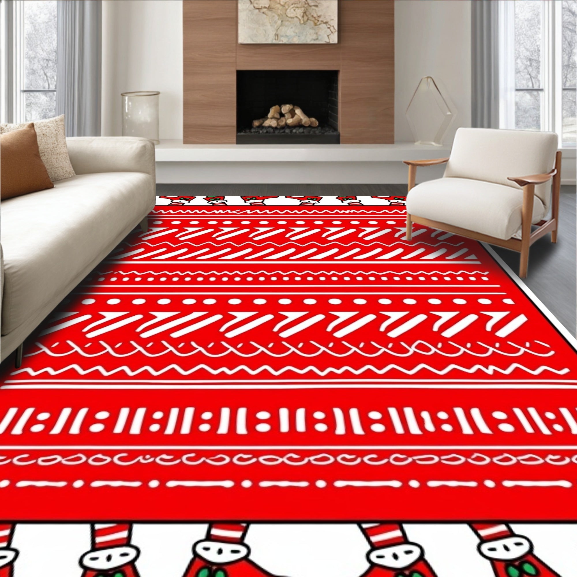 Red White Folk Art Stripes Rug