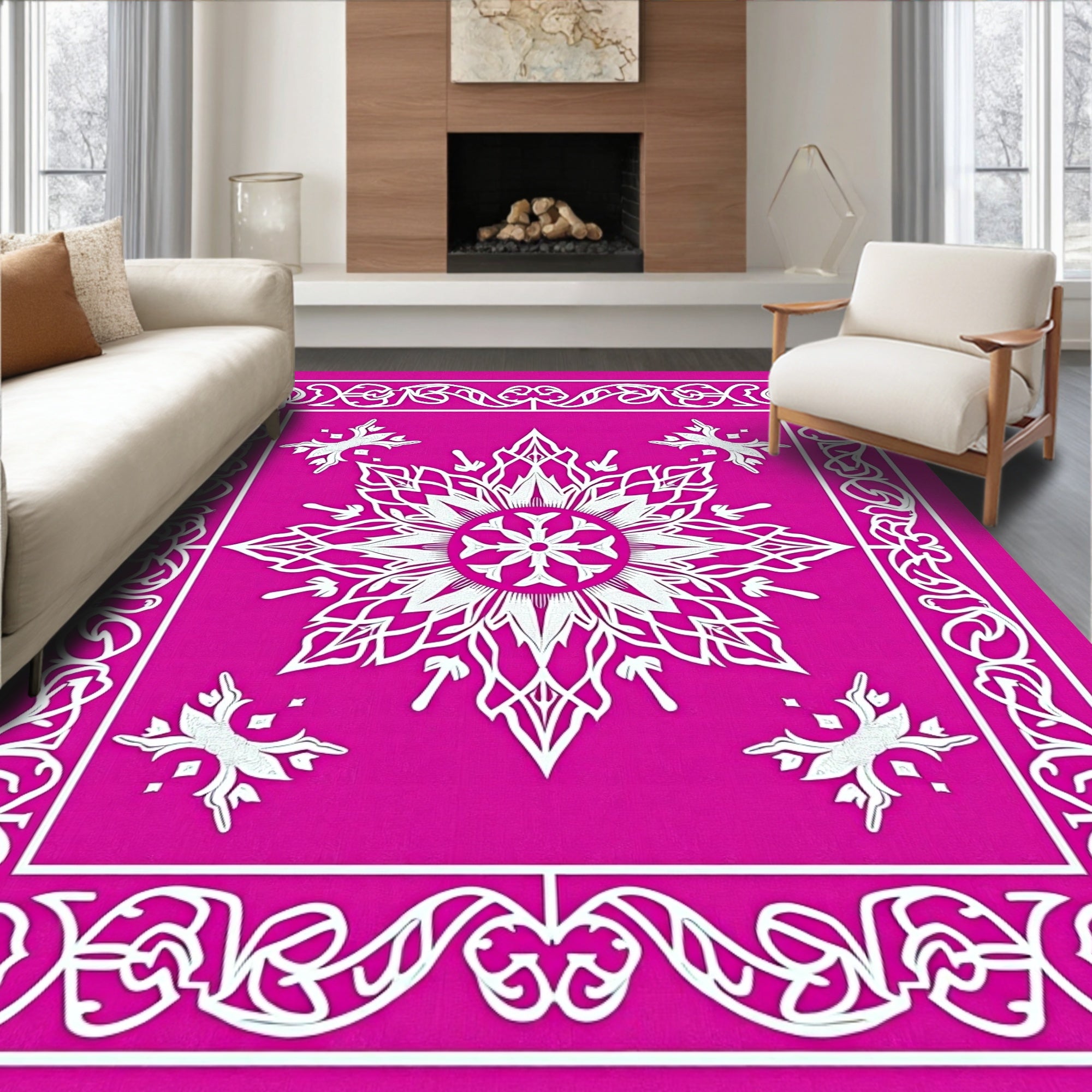 Fuchsia White Floral Medallion Border Rug