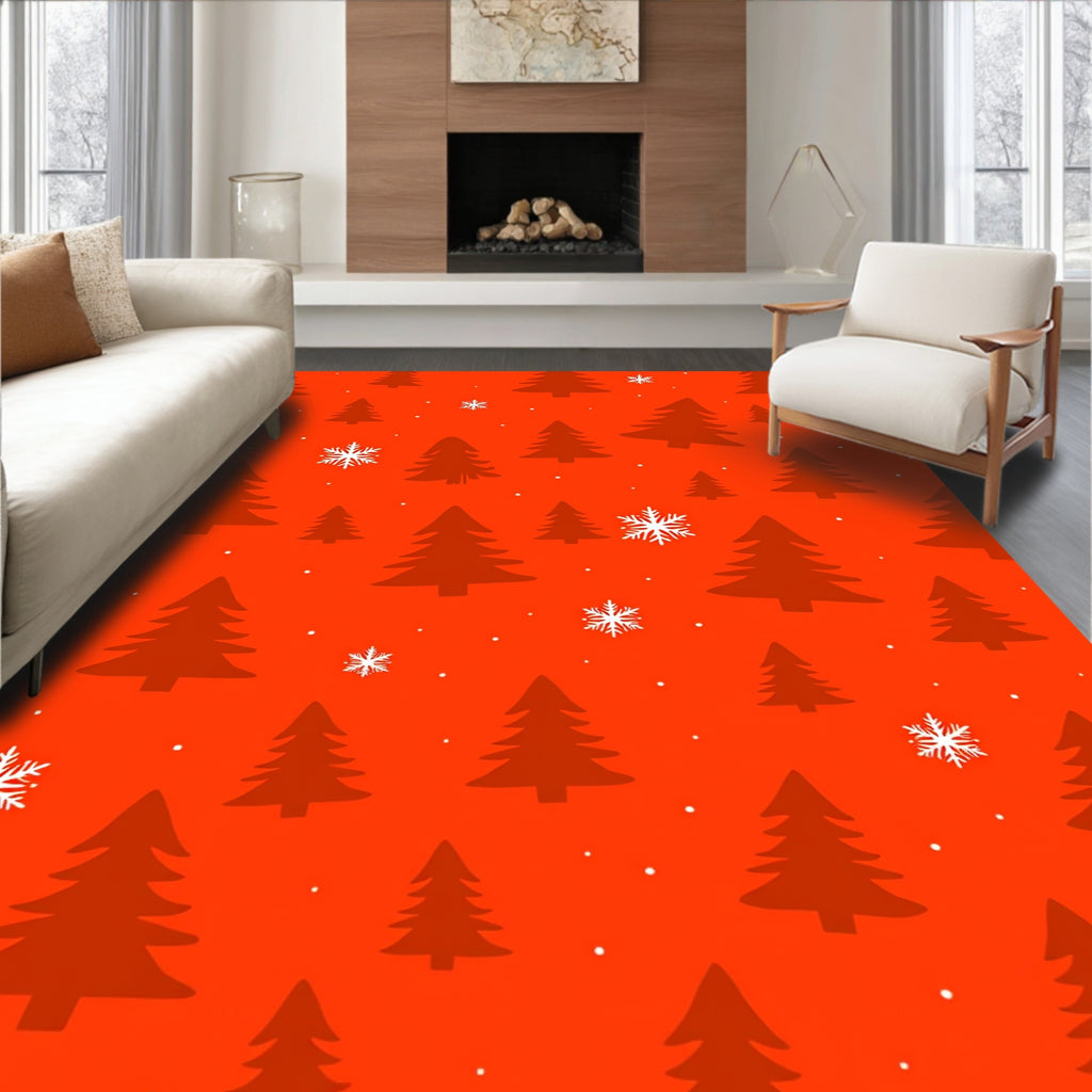 Red Snowfall Evergreen Forest Rug