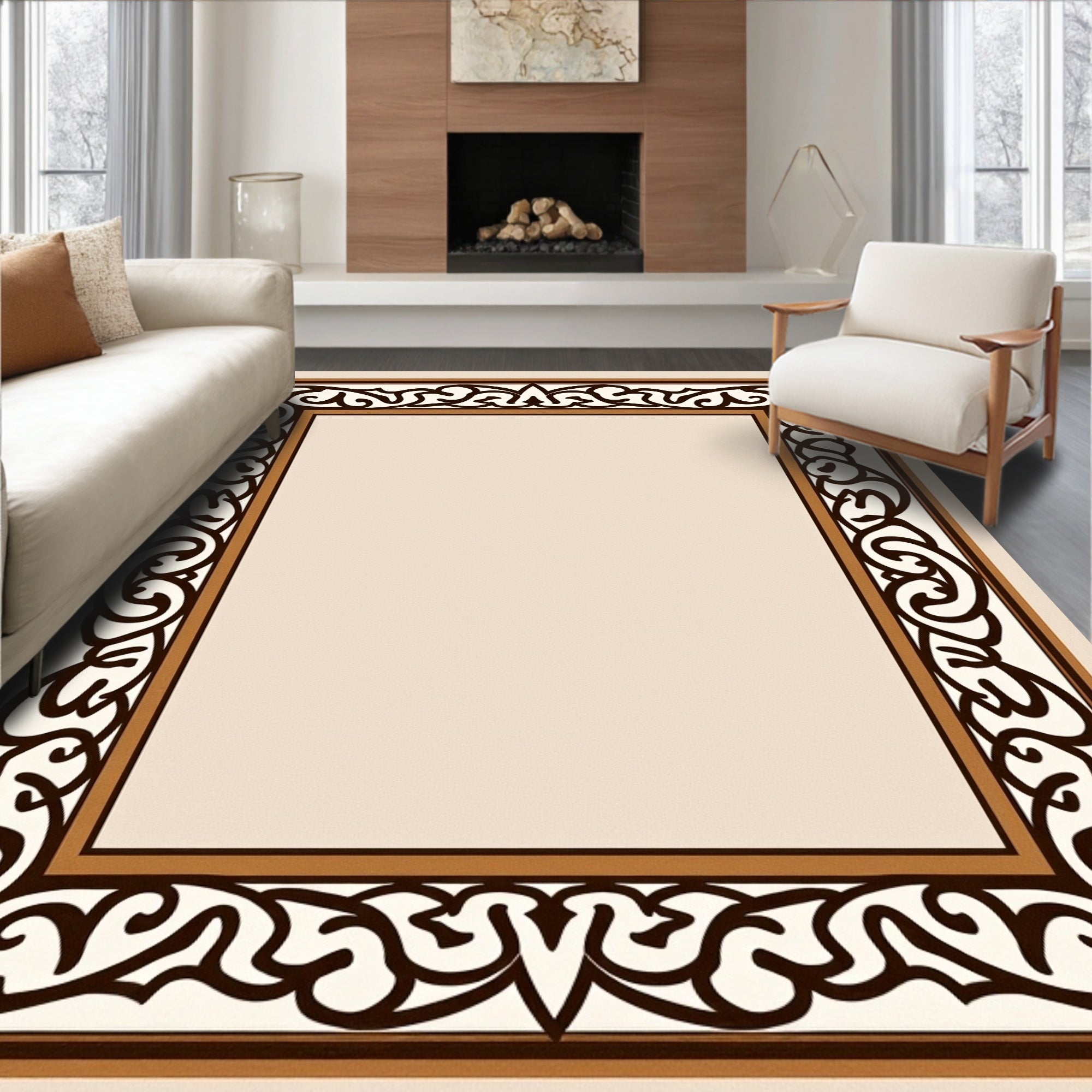 Elegant Brown Cream Scroll Border Rug