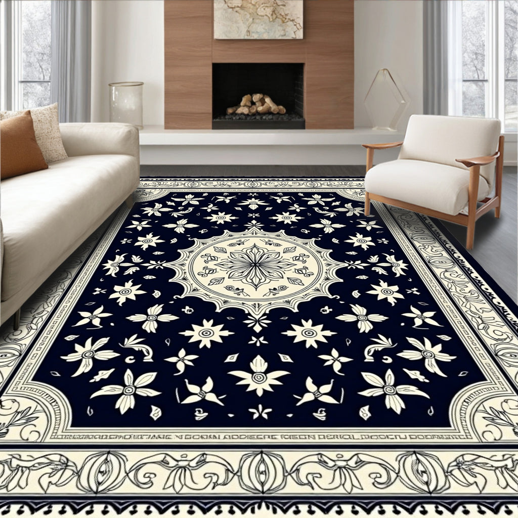 Dark Navy Floral Medallion Garden Rug