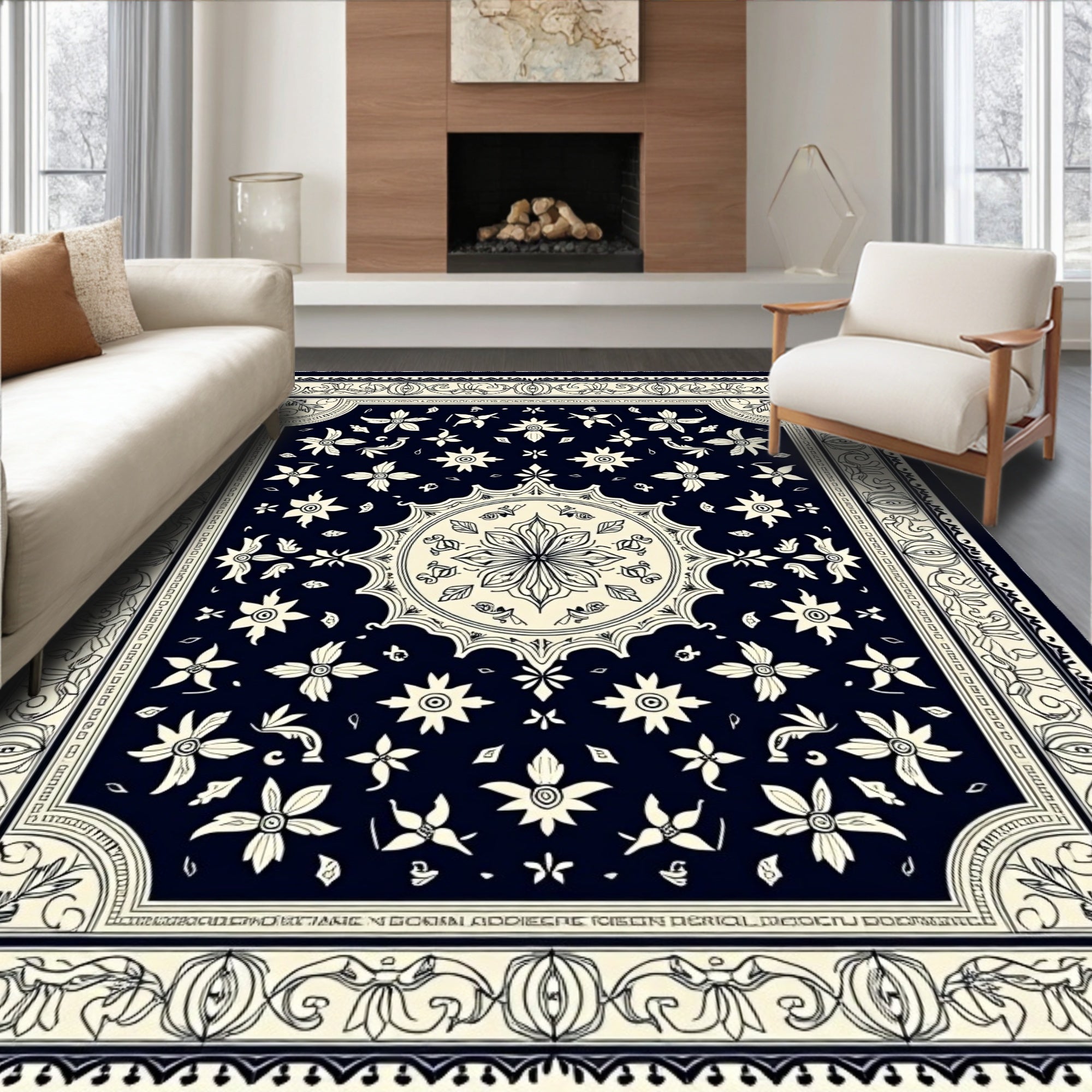 Dark Navy Floral Medallion Garden Rug