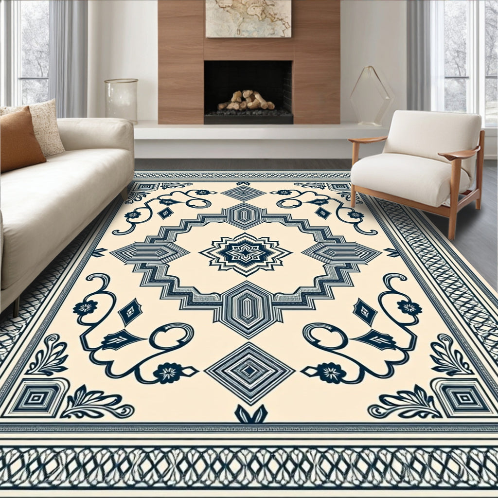 Cream Navy Geometric Floral Lattice Rug