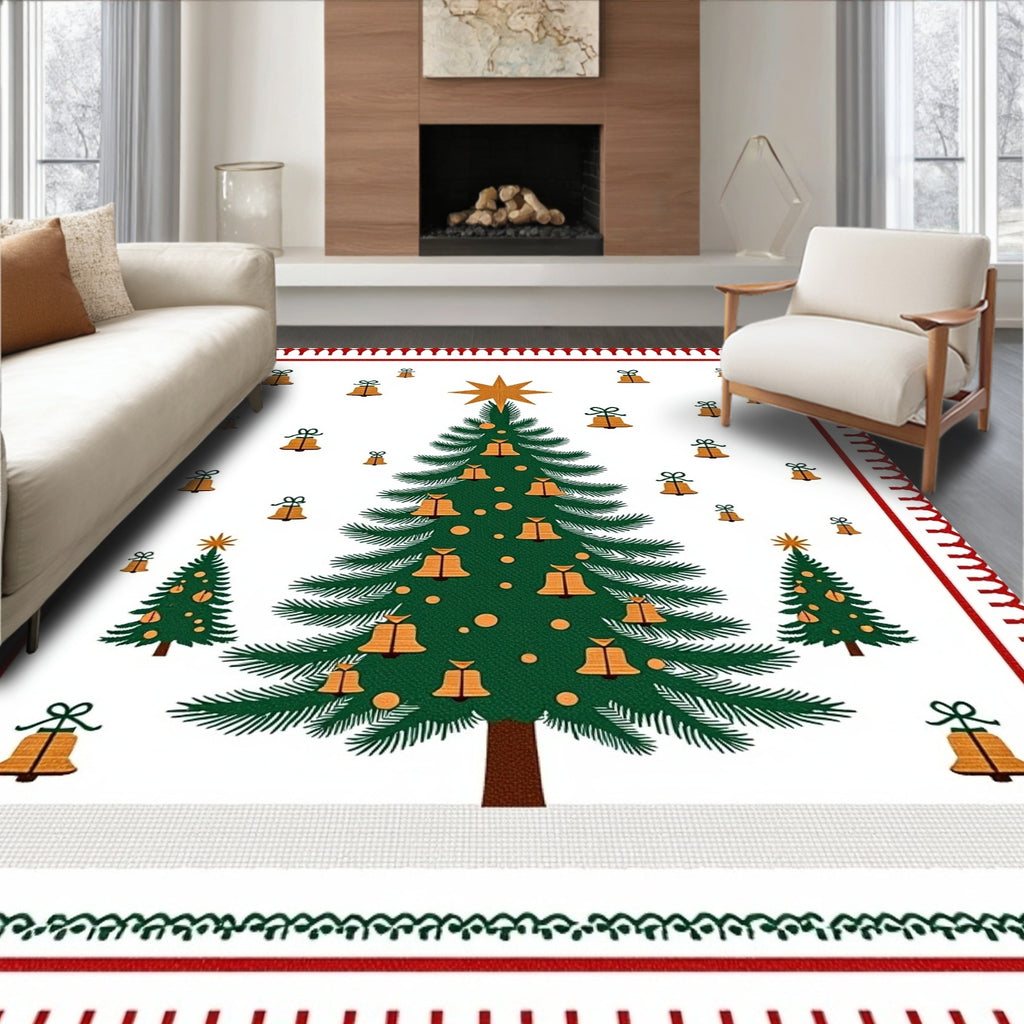 Christmas Tree Bells Star Red Border Rug