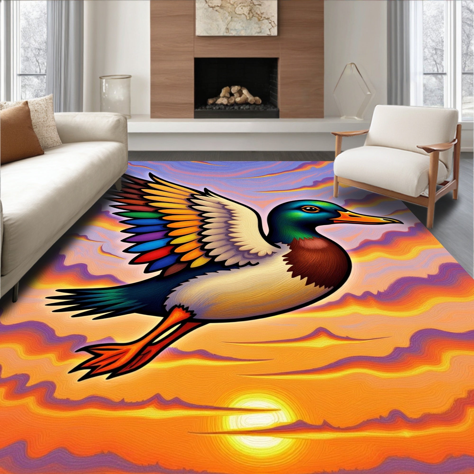 Rainbow Winged Duck Sunset Sky Rug