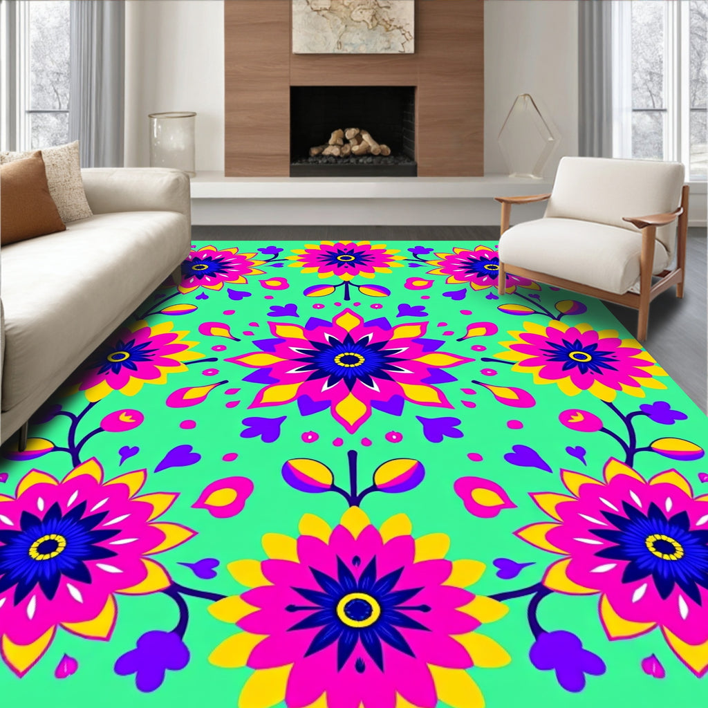 Vibrant Pink Yellow Floral Mandala Rug