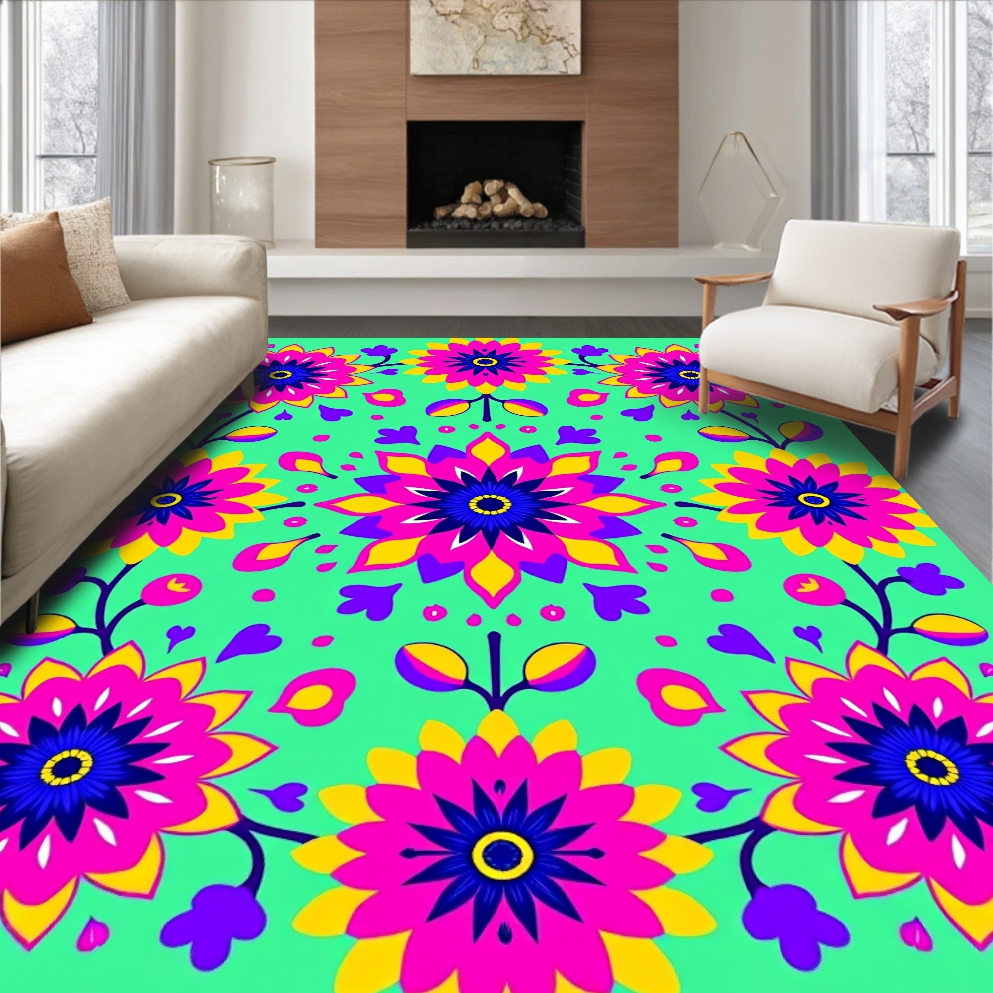 Vibrant Pink Yellow Floral Mandala Rug