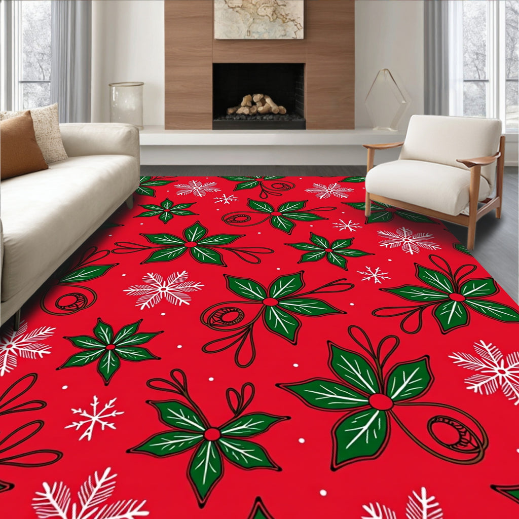 Red Poinsettia Snowflake Garland Rug