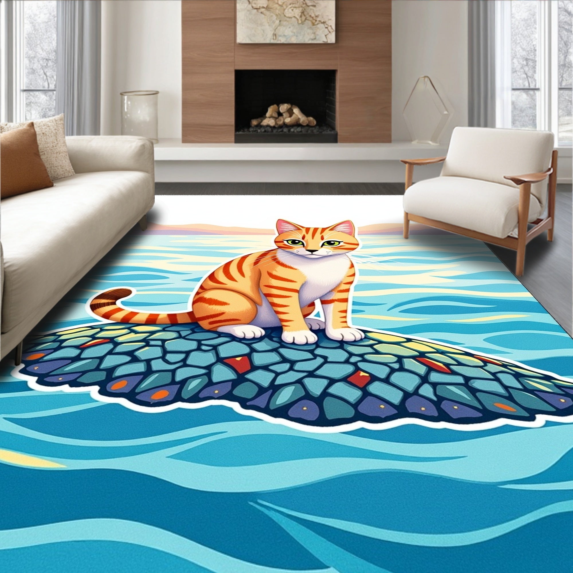 Whimsical Orange Cat Ocean Island Rug