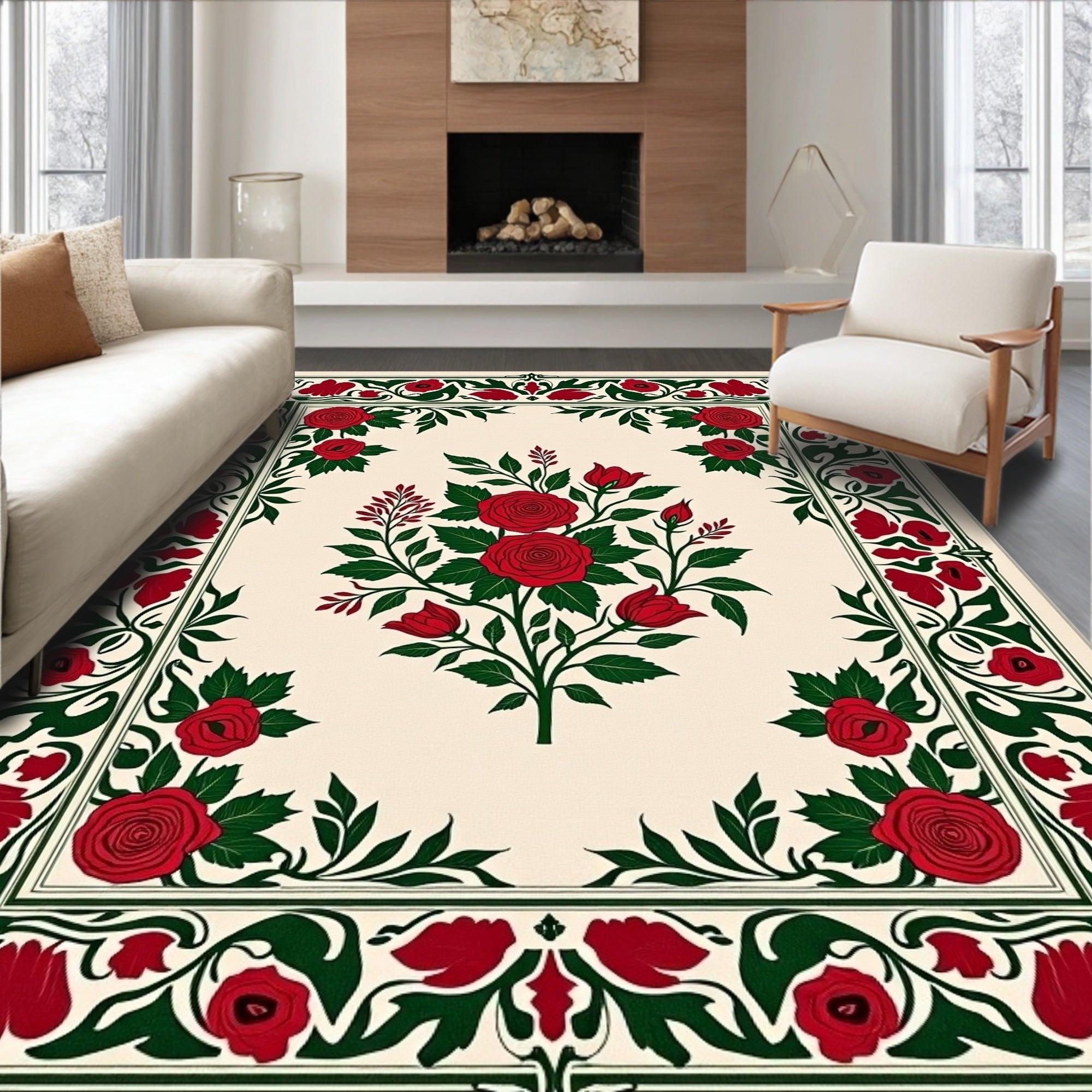 Crimson Rose Garden Floral Border Rug