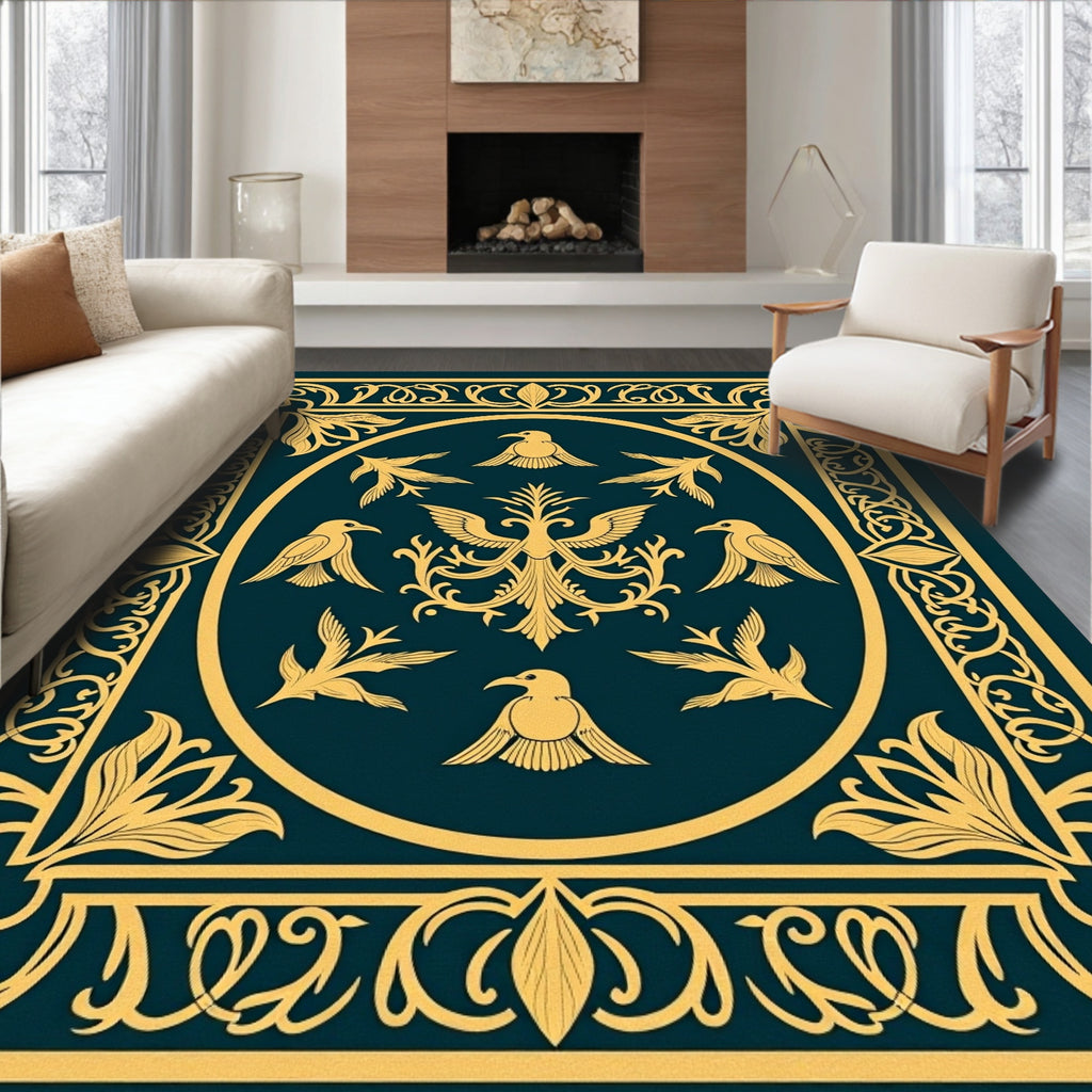 Golden Birds on Teal Ornate Oval Rug