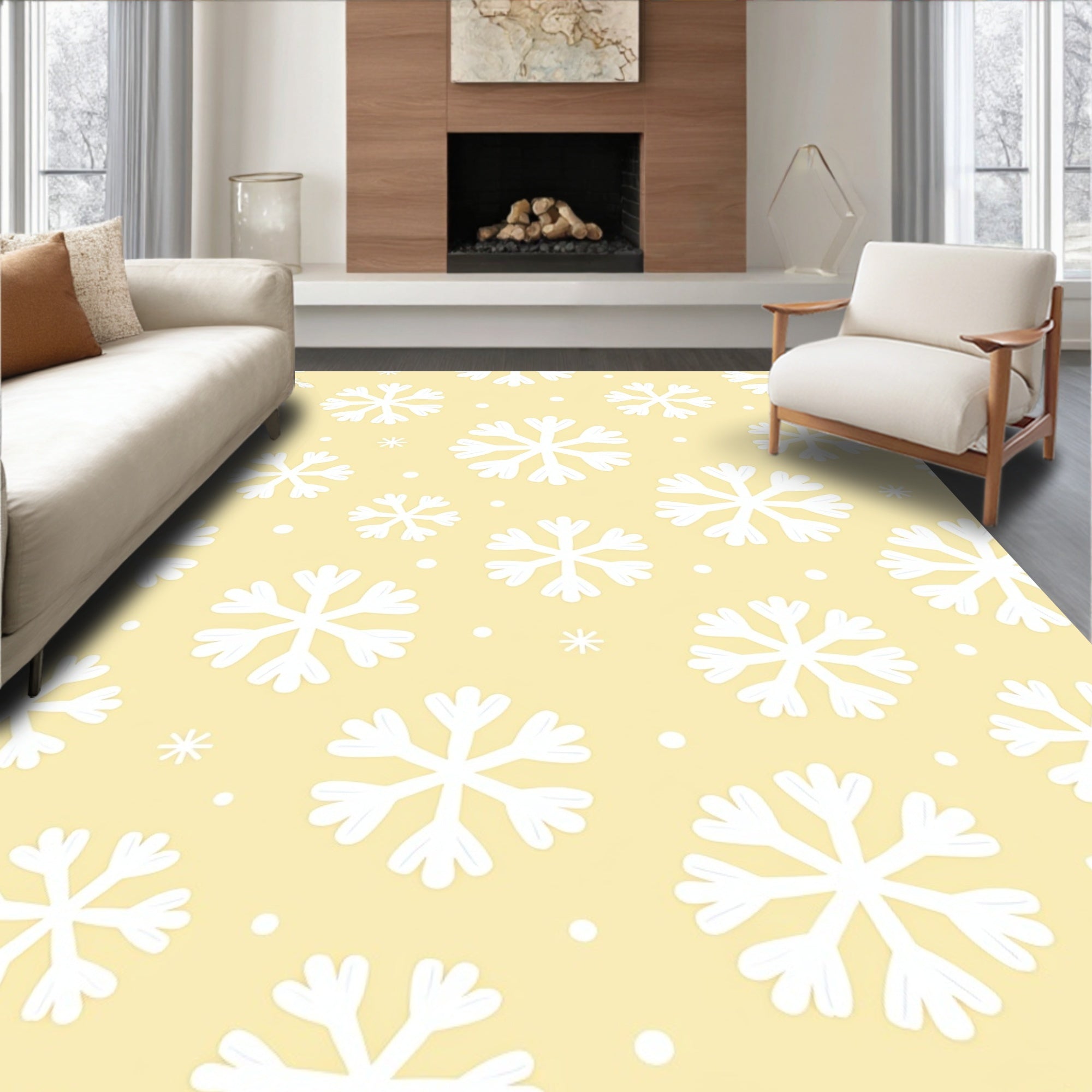 Pale Yellow White Snowflake Scatter Rug