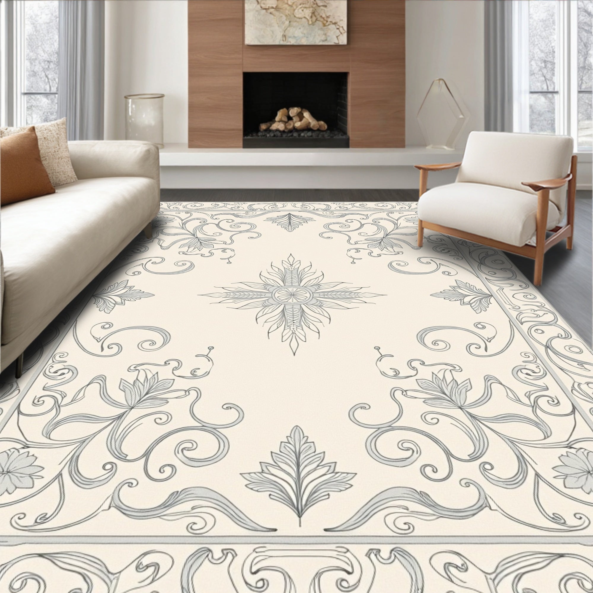 Ornate Gray Floral Scrollwork Rug