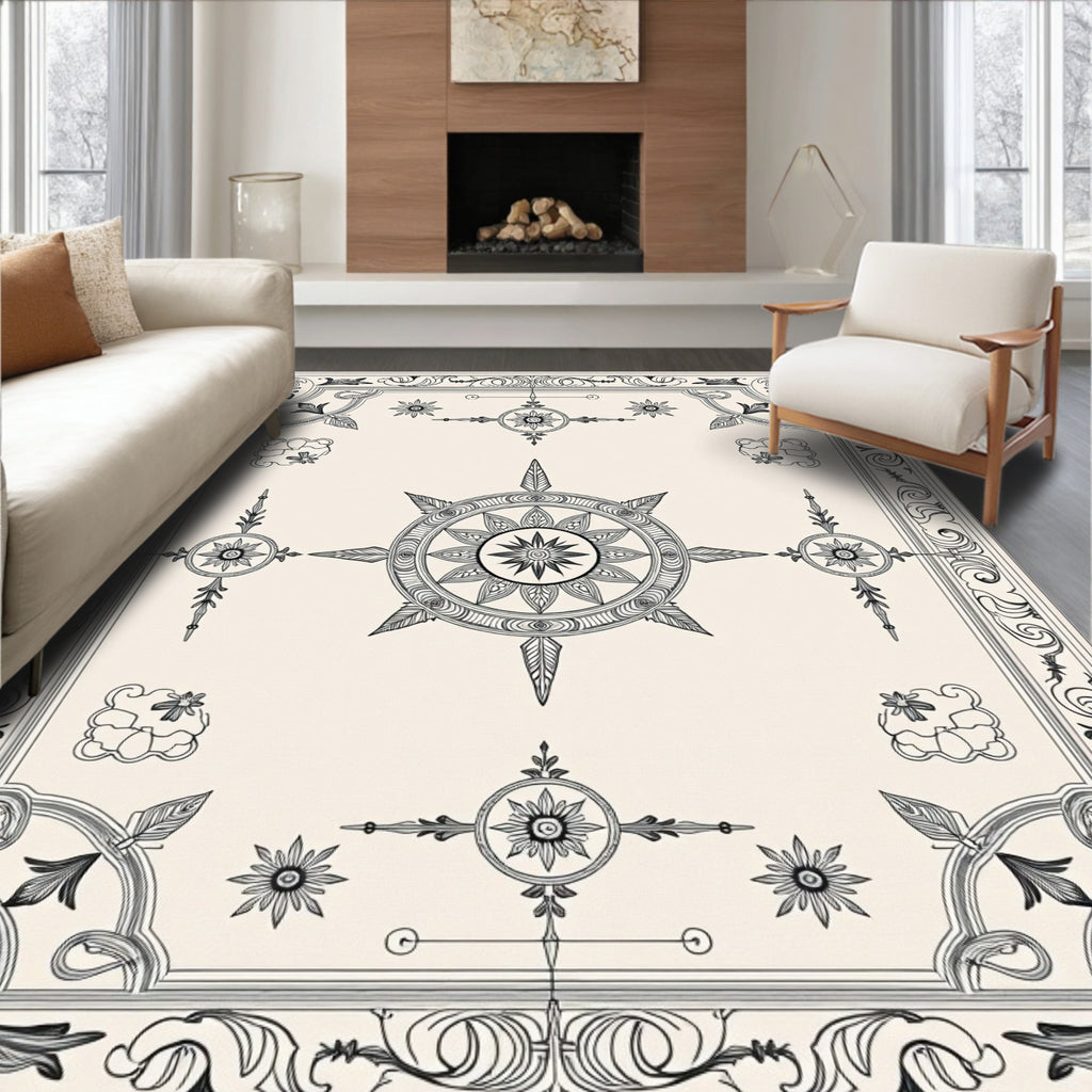 Ornate Black Floral Medallion Borders Rug