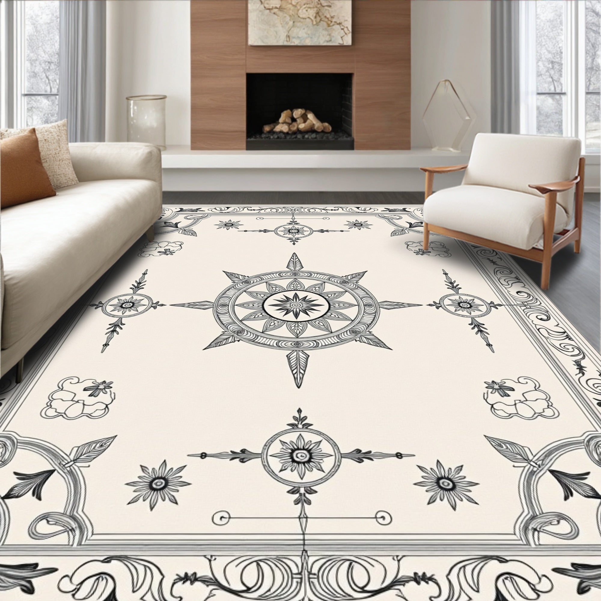 Ornate Black Floral Medallion Borders Rug
