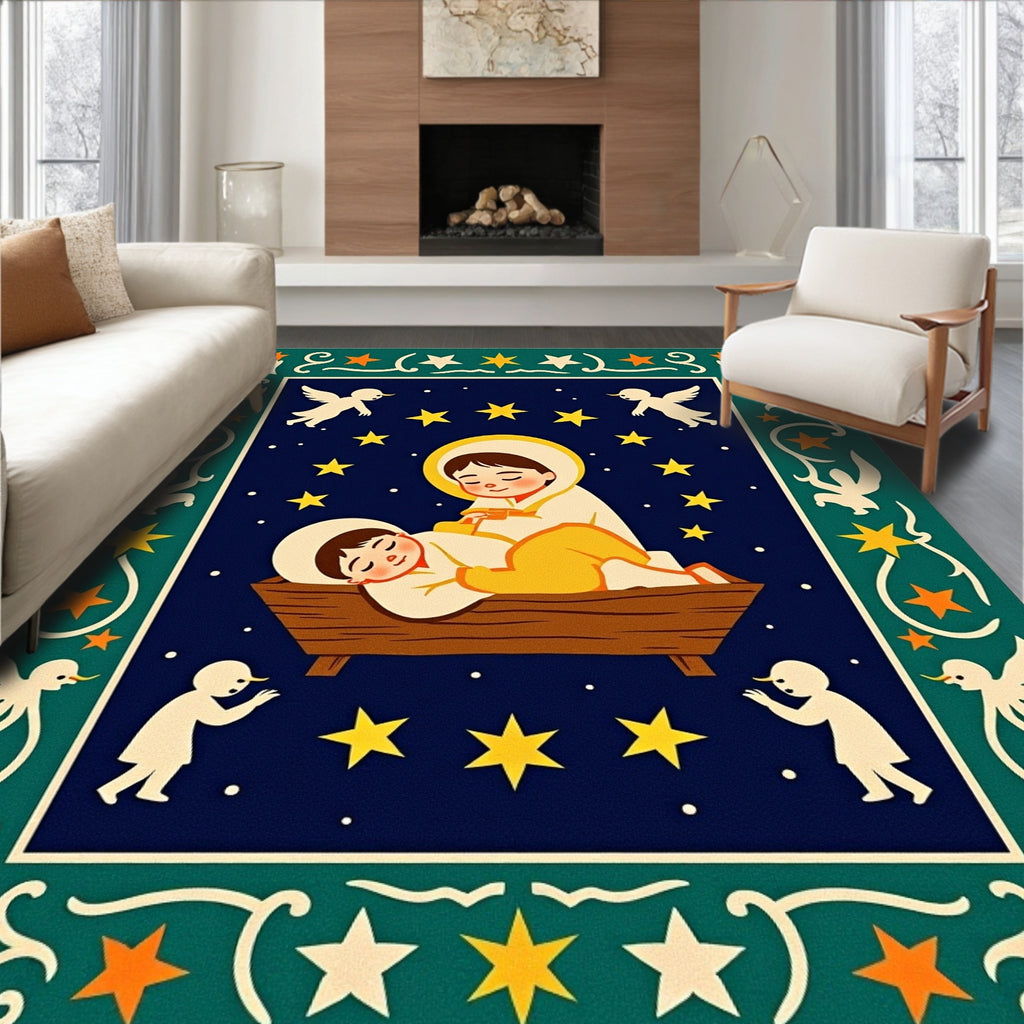 Natal Scene With Angels And Stars Rug