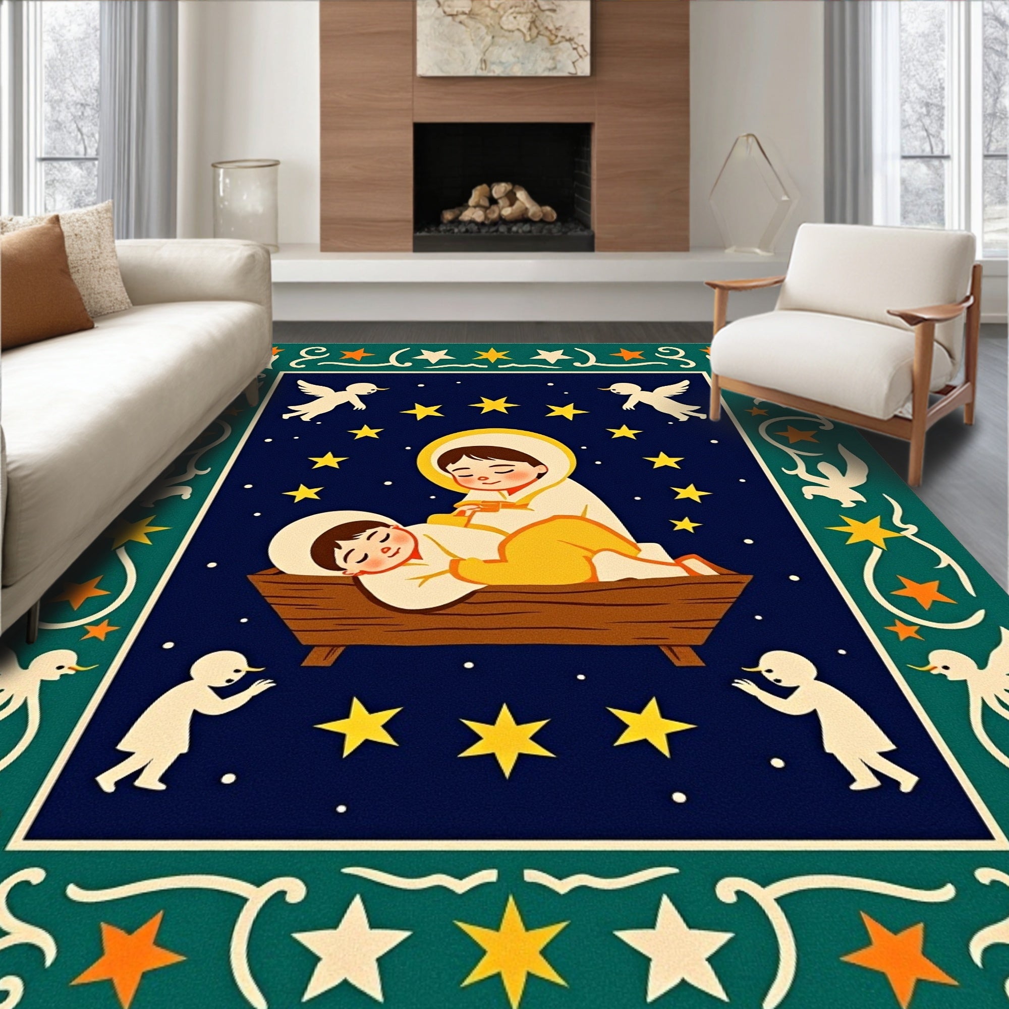 Natal Scene With Angels And Stars Rug