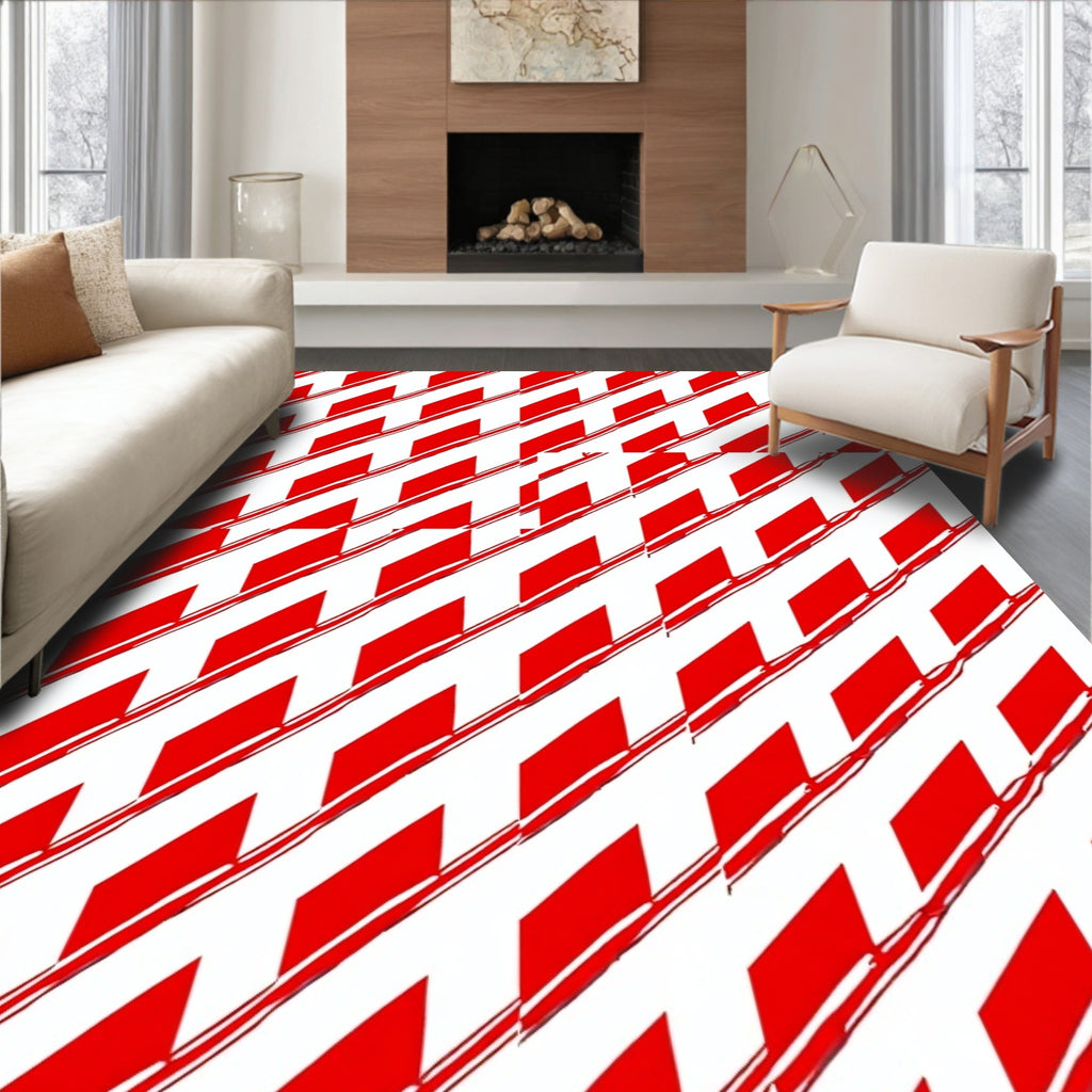 Red White Diagonal Stripe Zigzag Rug