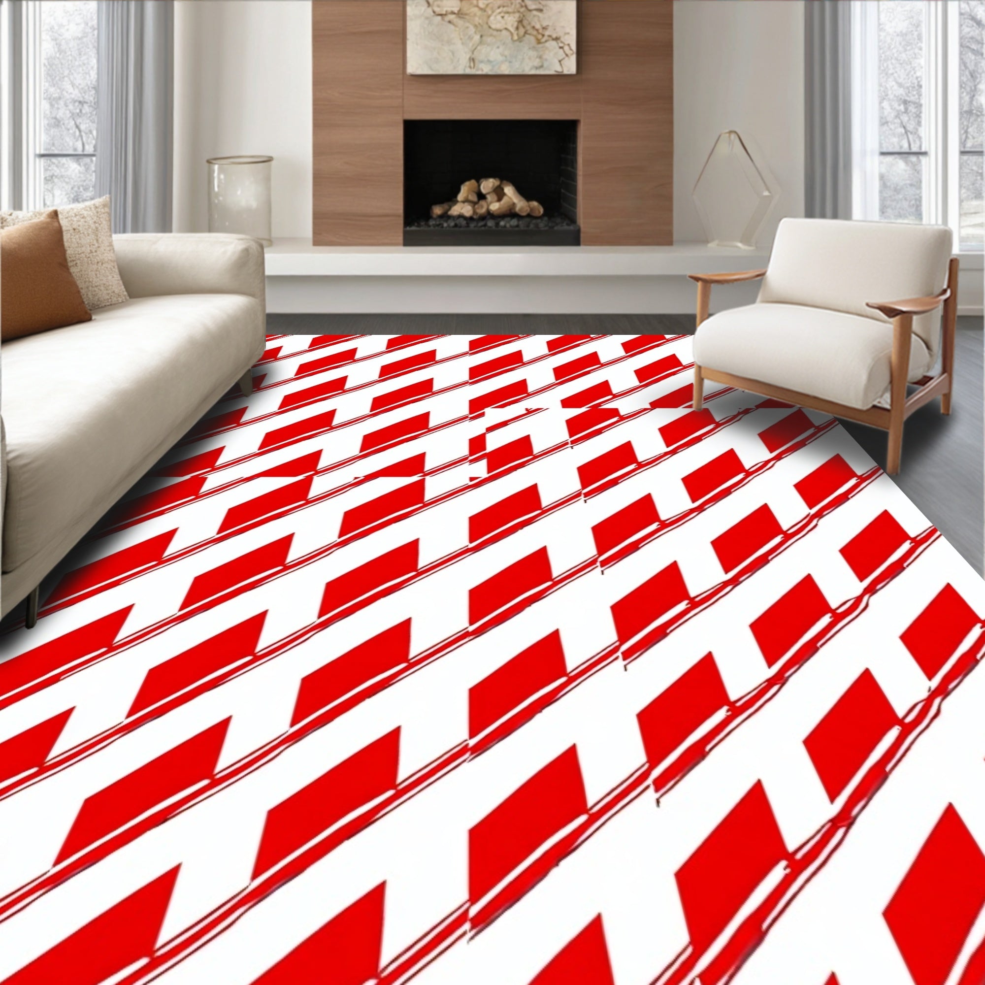 Red White Diagonal Stripe Zigzag Rug