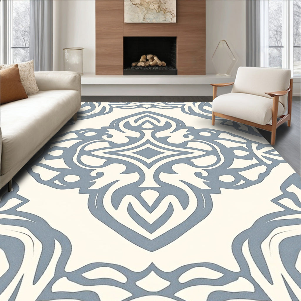 Cream and Blue Ornamental Scrollwork Rug