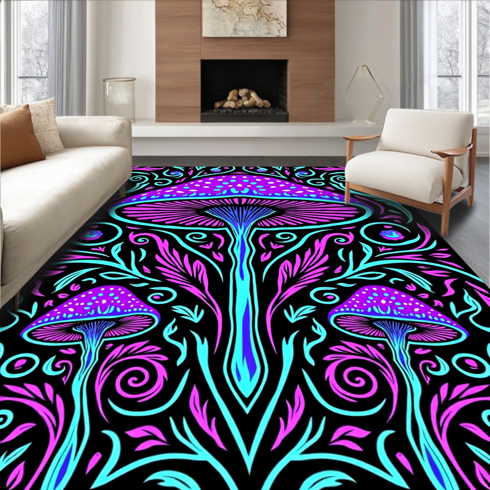 Vibrant Neon Mushroom Swirl Harmony Rug