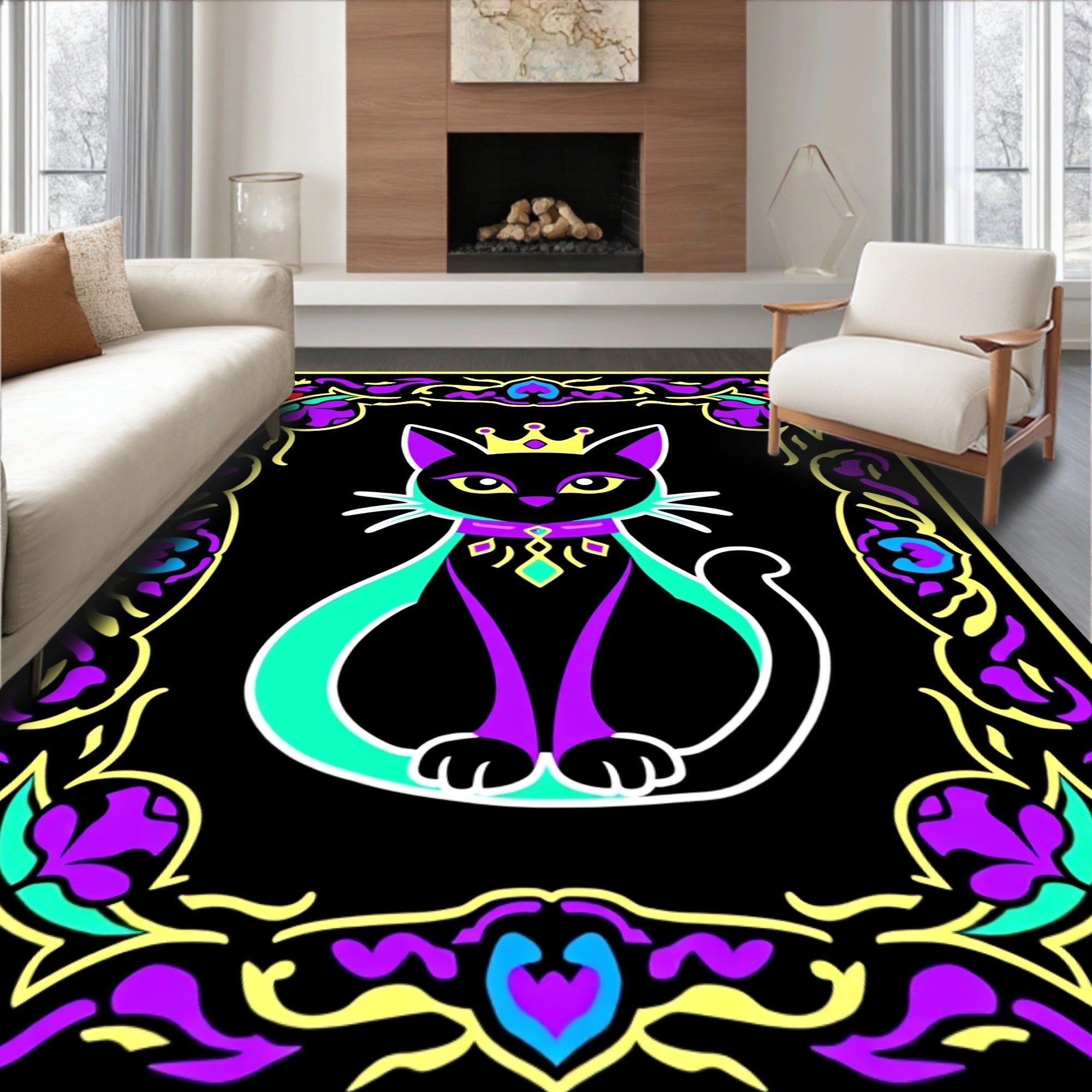 Regal Black Cat in Floral Frame Rug
